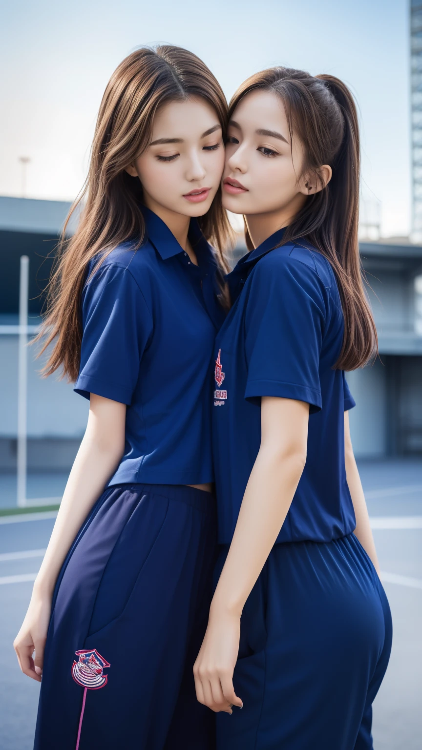 (bestquality,10,10,highres,masterpiece:1.2),ultra-detail,(Realistic,photorealistic portrait,photo-realistic:1.37),1 Cute girl in the football field,oily shiny skin,bara,light smile,BDclothes,((blue shirt:1.3)),short sleeves,shirt, trousers.,(navy_long_Pants Track:1.1), ((Stadium Background:1.3)),dynamic angle,excited,face focus,Dynamic Poses,from behide,Ass Focus,masterpiece, bestquality, ultra realistic, hyper-detail, 8k resolution, RAW photo, crisp focus, ((Navy blue shirt:1.1)), short sleeves, Long Path, Perfect body, 2 mature women, 18yo, cinematic light,Blue sweatpants,Gymware,Correct ???????,Complete body, Correct body, sharp face, Anatomically correct body, full entire body, Realistic gestures, long-haired, Realistic poses,Wear long shorts.........,Long leg span,Shapely,Sculpting Girl, 2 girls kissing each other, Realistic kiss, Slender Figure, mannequin mannequins, Shapely, Beautiful body
