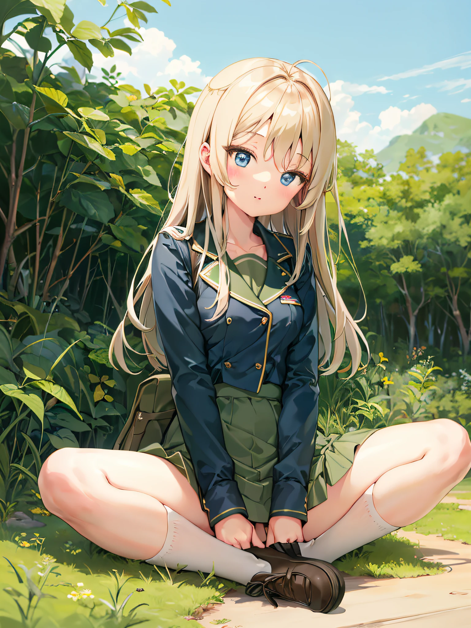 (High resolution:1.1), (absurderes:1.1), Best Quality, Ultra high definition, The highest resolution, Very detailed, Anime, 1girl in, anmi, Cute Girl, Military uniform, Mini skirt, (White panty:1.1), pantyshot, Sit on the ground, plein air