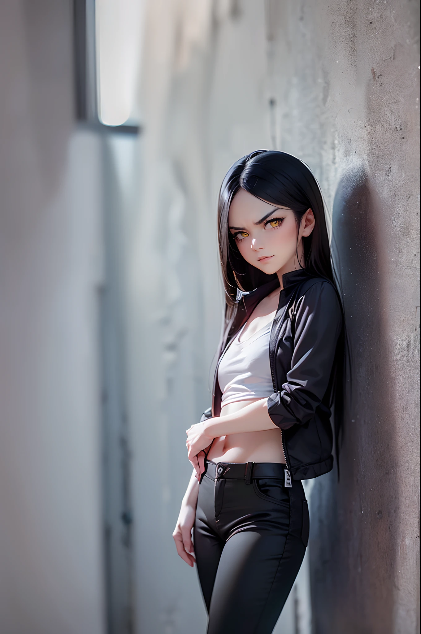 (4K works))、masterpiece、(top-quality)、In front of the wall、Korean female、hi-school girl、((High school girl 18 years old))、((Face similar to Hyun Jin))、cool lady、tall、((Glaring expression))、((Sleepy face))、((Strong eyes))、((Wearing a white T-shirt and a black hooded jacket、Wearing long black pants))、((Wear a black mask))、((smaller face))、Slim body、((How to stand selling fights))、((Cheeky way of standing))、((Bad girl))、((Black long-haired))、((Yellow eyes))、((shot from front))、((Looking down on the viewer))、((rearing))、((Shot alone))、((Solo Photography))