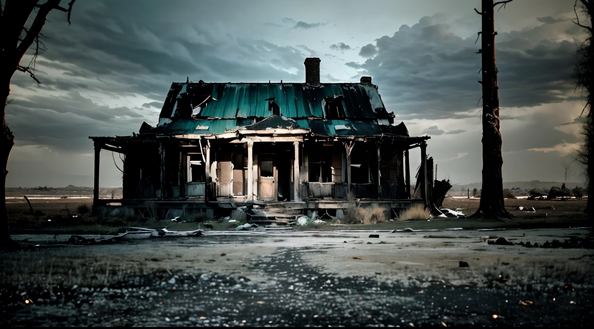 ```(("Forgotten Abode: Desolate One-Story House and Majestic Tree")) in a melancholic and haunting composition. Depict an abandoned one-story house, weathered by time and neglect, standing in eerie silence, devoid of human presence. Capture the decaying facade, with cracked windows and peeling paint, portraying the passage of years in its desolation. Highlight the loneliness of the surroundings, emphasizing the vast emptiness that engulfs the abandoned dwelling. Showcase a majestic, gnarled tree in front of the house, its branches reaching out like twisted fingers, casting eerie shadows on the dilapidated structure. Convey a sense of isolation and abandonment, amplifying the feeling of desolation and melancholy. Use an art style that exudes a haunting atmosphere and faded beauty, employing (((subdued colors and ominous lighting))) to create a visually evocative portrayal of the forsaken one-story house and the looming presence of the ancient tree, capturing the eerie stillness and the echoes of a forgotten past.
```