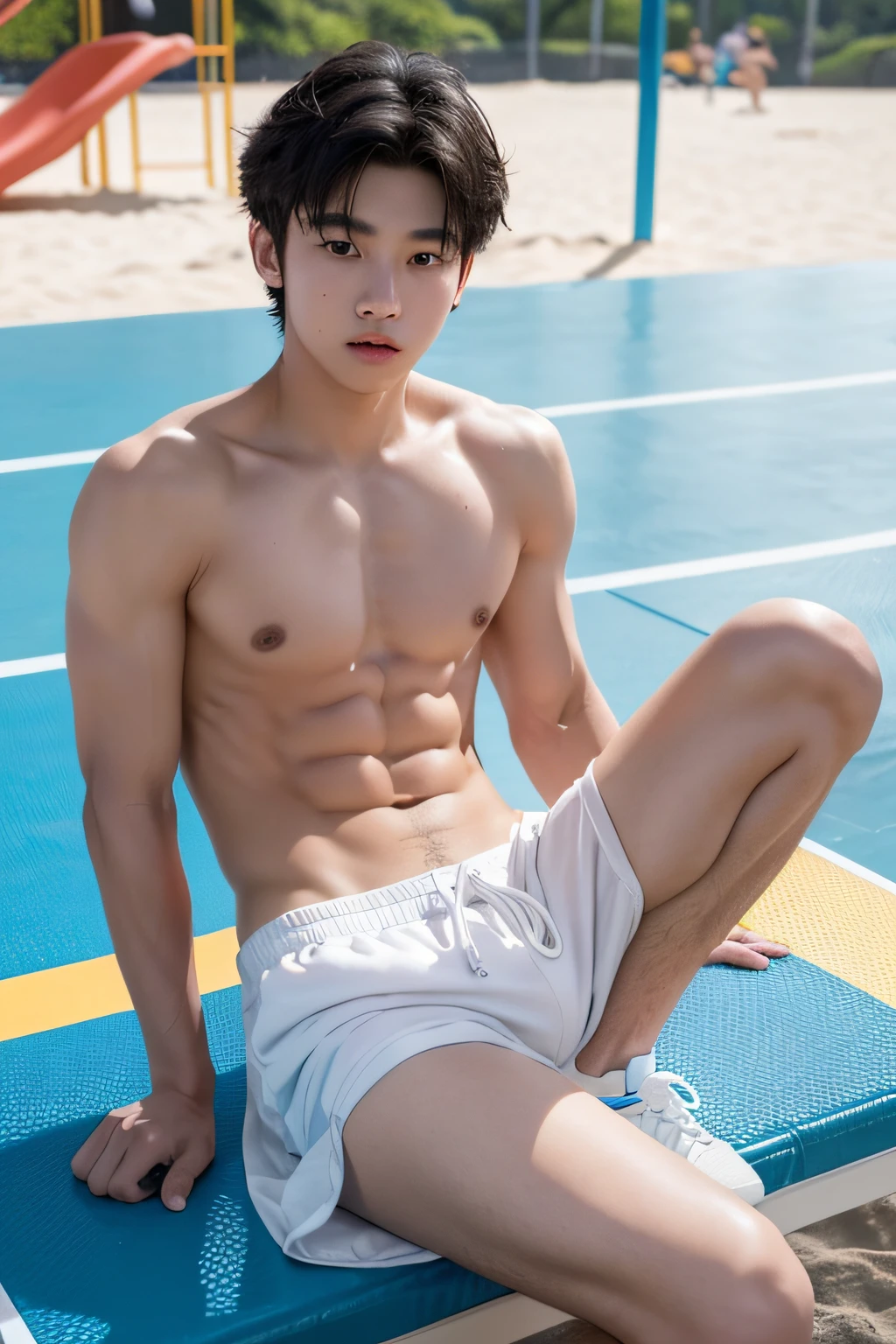 A 16-year-old boy is at the beach, Shirtless, Wearing gym shorts, whitestocking, Wear sneakers, Sit on the playground,Wearing sweat, Abs can be seen, junior school student, Differential crushing cap, rough breath, Black hair, Messy hair, modern, Eye level shots, hyper HD, Masterpiece, ccurate