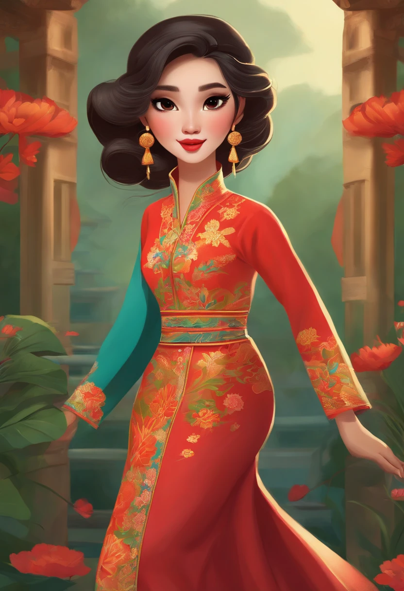 a cartoon standard girl wearing a Vietnamese ao dai outfit