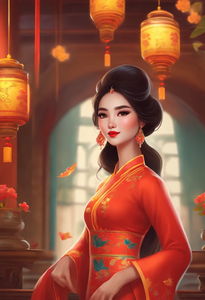 a cartoon standard girl wearing a Vietnamese ao dai outfit