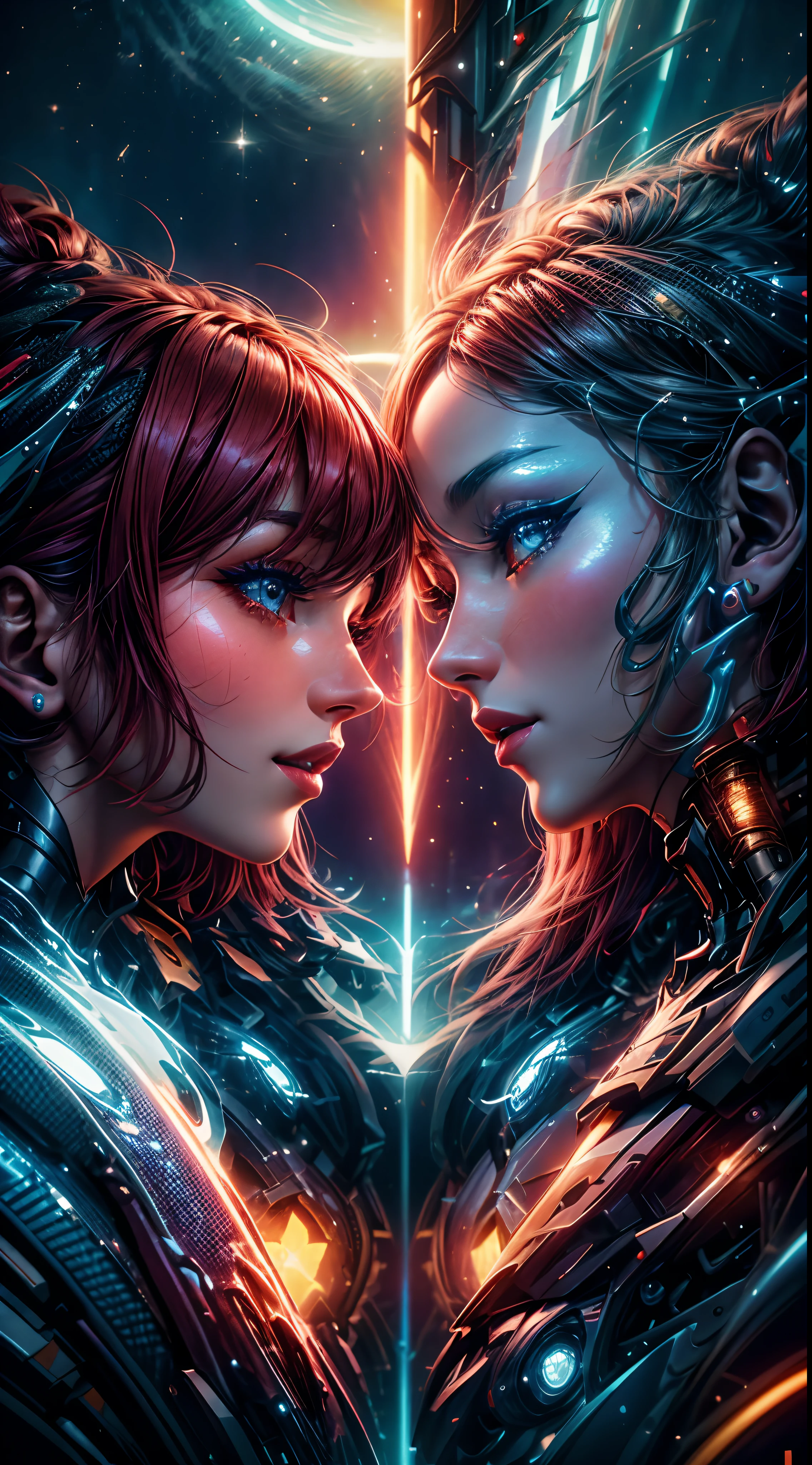 Two women with red hair and blue eyes are facing each other, um de frente para o outro, azul e vermelho, fogo laranja/dualidade gelo azul!, beautiful gemini good and evil, twin souls, fogo e gelo, tons de azul e vermelho, vermelho e azul, vermelho e ciano, Directed by: Galeno Dara, Dualidade, azul ou vermelho, arte bonita