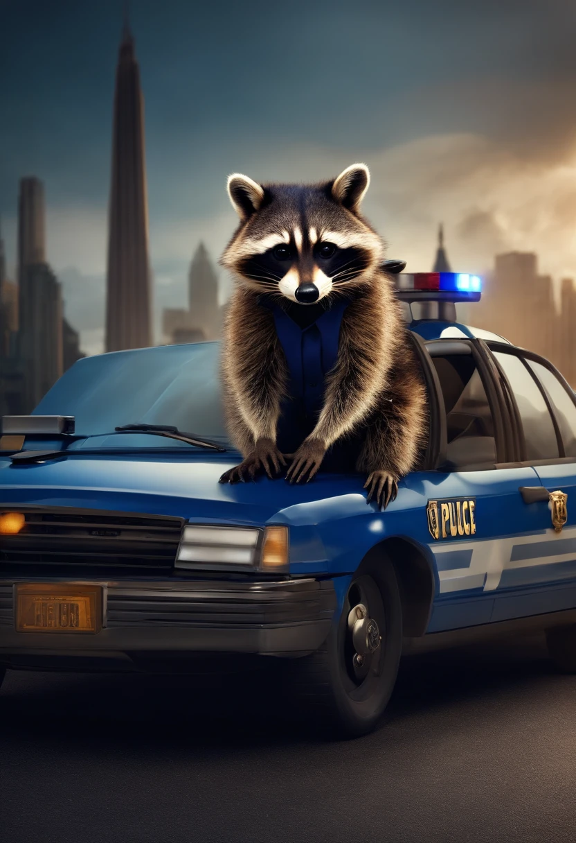 raccoon that wears police costume and drives police car