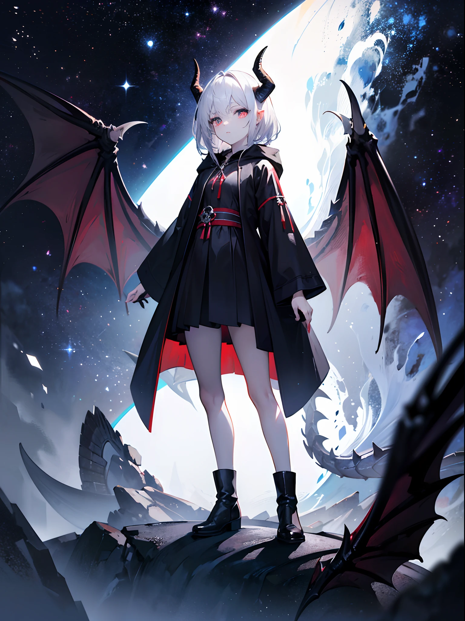 (tmasterpiece,best qualtiy,style of anime,a sense of atmosphere,cg render,Standing painting,Ray traching,Wallpapers,sci-fy)(White color hair,Black pupils,Black hated robe,Black boots,Non-juveniles,dragon horns)(Solo)(The background is a deep space)