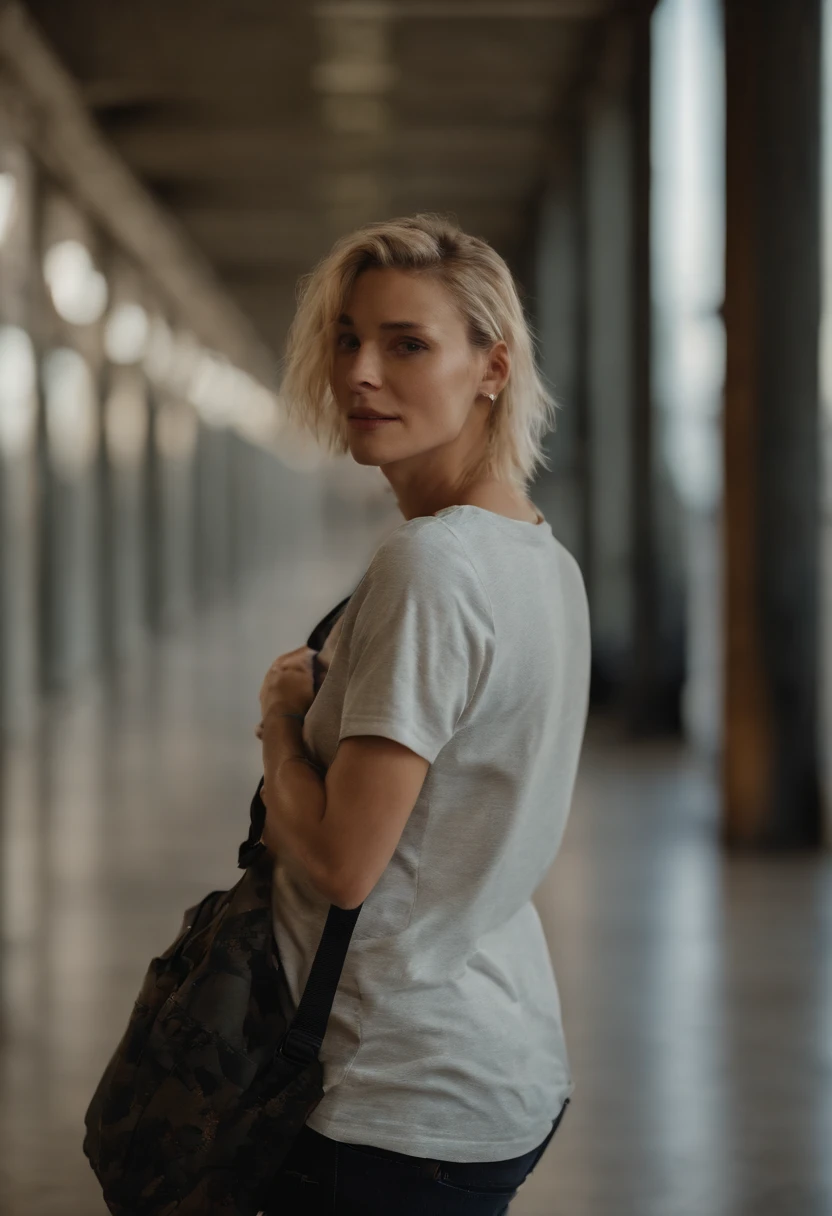 picture of a handsome busty woman wearing an oversized crew neck t-shirt, standing in a high school hallway, ((very short spiky natural blonde hair)), (wearing a backpack), (androgynous handsome face), sad expression, [petite], (handsome face), (droopy boobs), [detailed fabric texture], t-shirt, [warm cinematic lighting]