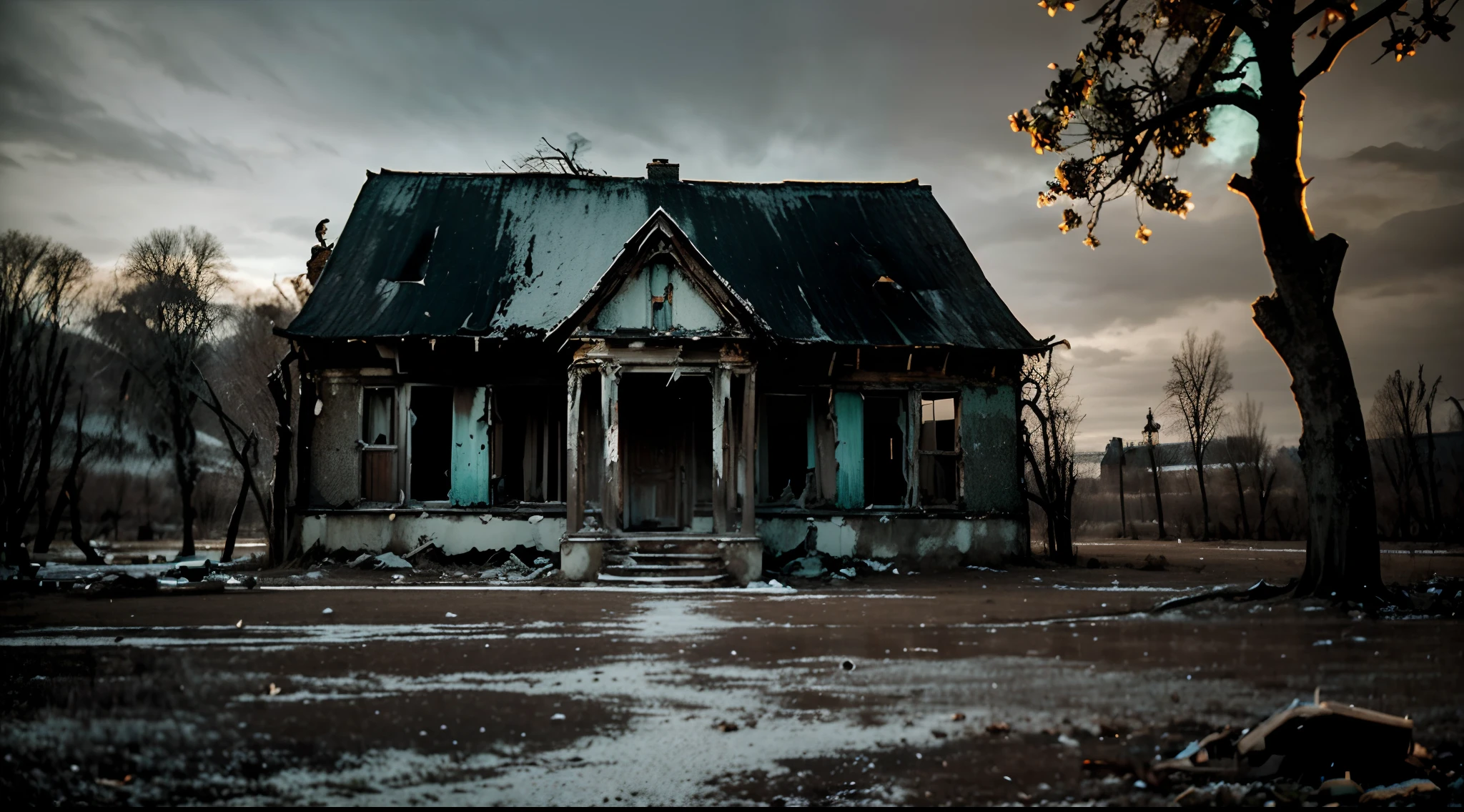 ```(("Forgotten Abode: Desolate One-Story House and Majestic Tree")) in a melancholic and haunting composition. Depict an abandoned one-story house, weathered by time and neglect, standing in eerie silence, devoid of human presence. Capture the decaying facade, with cracked windows and peeling paint, portraying the passage of years in its desolation. Highlight the loneliness of the surroundings, emphasizing the vast emptiness that engulfs the abandoned dwelling. Showcase a majestic, gnarled tree in front of the house, its branches reaching out like twisted fingers, casting eerie shadows on the dilapidated structure. Convey a sense of isolation and abandonment, amplifying the feeling of desolation and melancholy. Use an art style that exudes a haunting atmosphere and faded beauty, employing (((subdued colors and ominous lighting))) to create a visually evocative portrayal of the forsaken one-story house and the looming presence of the ancient tree, capturing the eerie stillness and the echoes of a forgotten past.
```