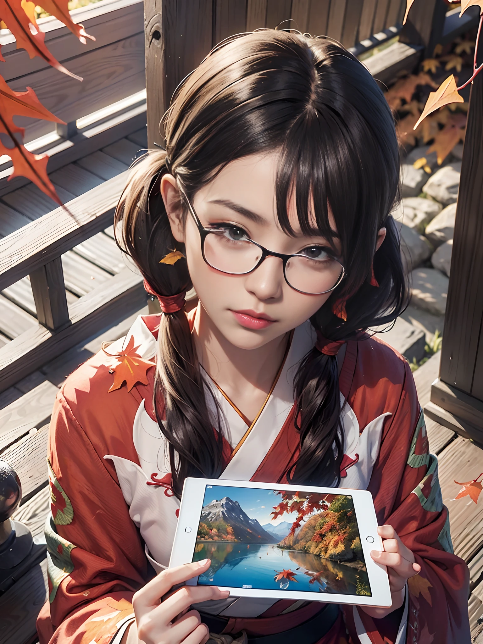 (rokoko:1.5),Background of details((the morning sun(mountainscape)),(Kyoto in Japan(Colored leaves:1.5))),BREAK ,elaborate costume(Luxury kimono(Colorful kimono(detailed embroidery()))),BREAK,(1 Beautiful and classy adult woman(Japanese actressl:1.2)(glossy dark hair(poneyTail:1.2))),(eye glass(four corners):1.2),(Holding a brush:1),Painting(iPad:1.5),BREAK,Wallpapers 16K,Blur the background,(masutepiece:1.5),(Best Quality:1.5),(Portrait photos:1.5),From above