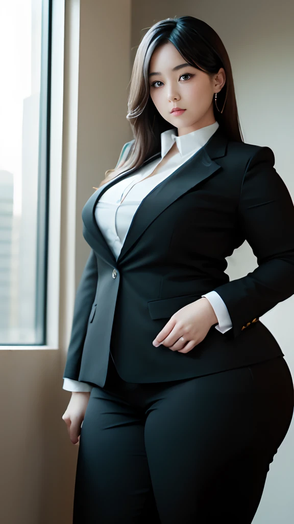 realisitic、Curvaceous woman standing alone, Woman in black business suit, with a business suit on, businesswoman, Woman in business suit, Wearing a white collar shirt under a suit、business skirt、tight skirts、Girl in a suit, female in office dress, , Girl in suit, young business woman, in a business suit, business outfit, Wear a suit、Office Suits、Not wearing glasses、professional photograpy、Does not expose the skin, Japanese Models,、,The skin is not exposed、fleshy body, large boob、 hard 、、big butts、Big belly、thick waist、Body without tone、thick thight、thick arms、Round face、Fat face、chubby cheeks、Sauce order、big eye、A dark-haired、short-haired、Standing facing the front、Left hand pose on the hip、Right hand is down in a pose、Straight back posture、Sun background、