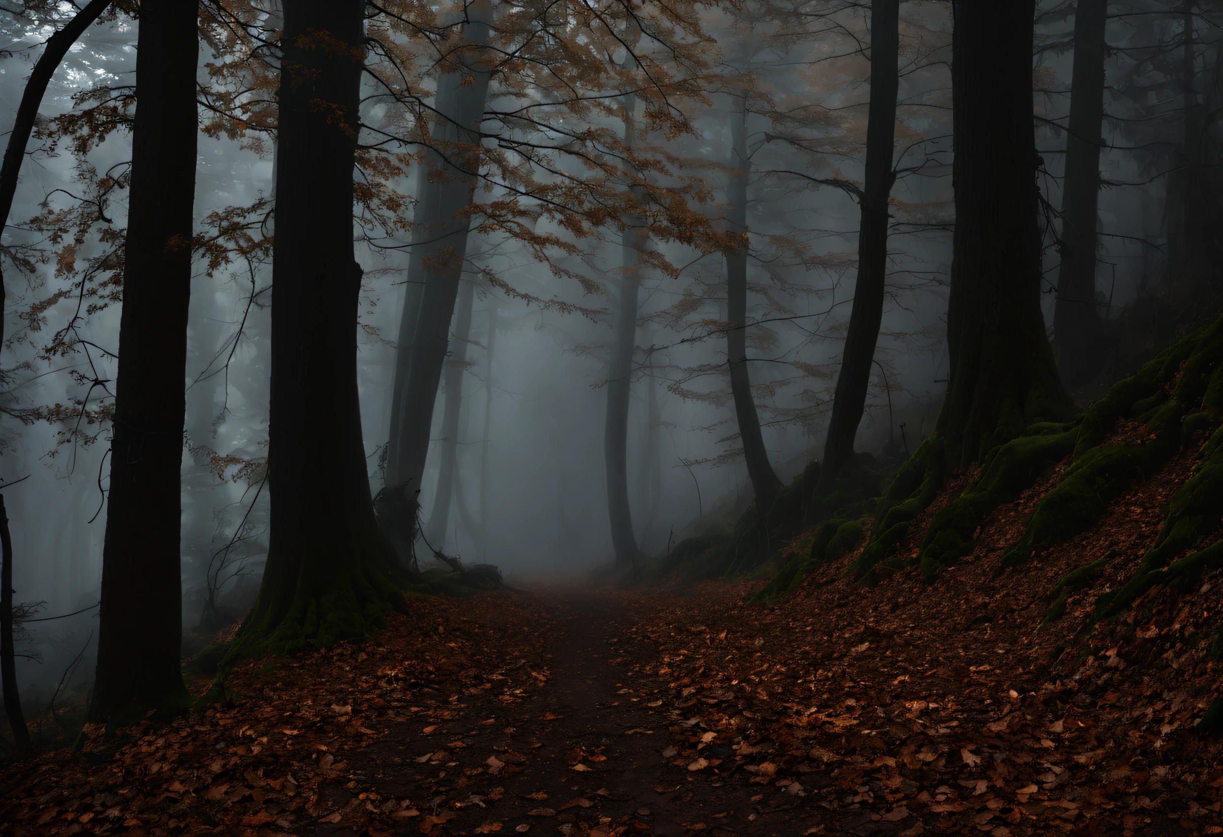 You find yourself in a dark and mysterious forest. The fog is so thick that you can barely see beyond your own hands. As you walk forward, you hear the crunch of dry leaves under your feet and the sound of branches snapping around you. Suddenly, you hear a strange noise behind you.