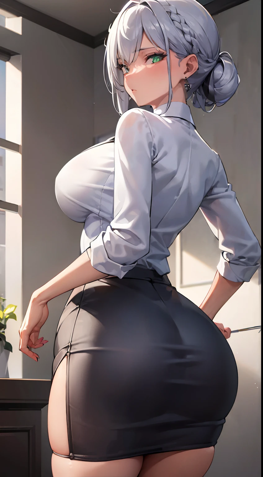 ((masterpiece)),(best quality),(detailed),(1girl),  silver hair, green glowing eyes, Updo, white shirt, black skirt, looking down on the viewer, sexy, butt to camera, pencil skirt