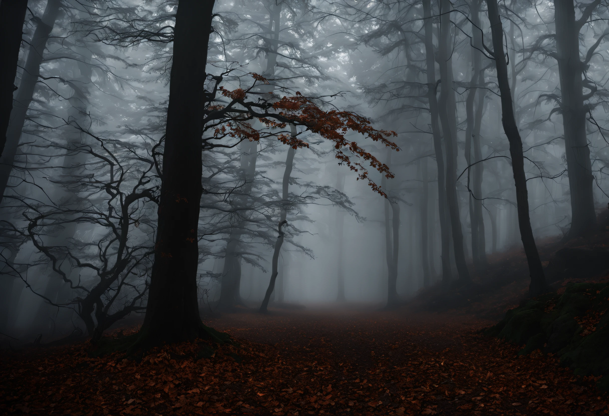 You find yourself in a dark and mysterious forest. The fog is so thick that you can barely see beyond your own hands. As you walk forward, you hear the crunch of dry leaves under your feet and the sound of branches snapping around you. Suddenly, you hear a strange noise behind you.