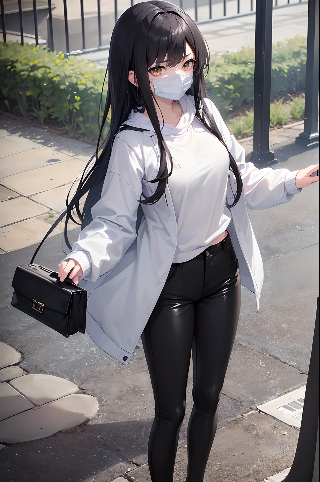 (4K works))、​masterpiece、(top-quality)、In front of the wall、Korean female、hi-school girl、((High school girl 18 years old))、((Face similar to Hyun Jin))、cool lady、tall、((Glaring expression))、((Sleepy face))、((Strong eyes))、((Wearing a white T-shirt and a black hooded jacket、Wearing long black pants))、((Wear a black mask))、((smaller face))、Slim body、((How to stand selling fights))、((Cheeky way of standing))、((Bad girl))、((Black long-haired))、((Yellow eyes))、((shot from front))、((Looking down on the viewer))、((rearing))、((Shot alone))、((Solo Photography))