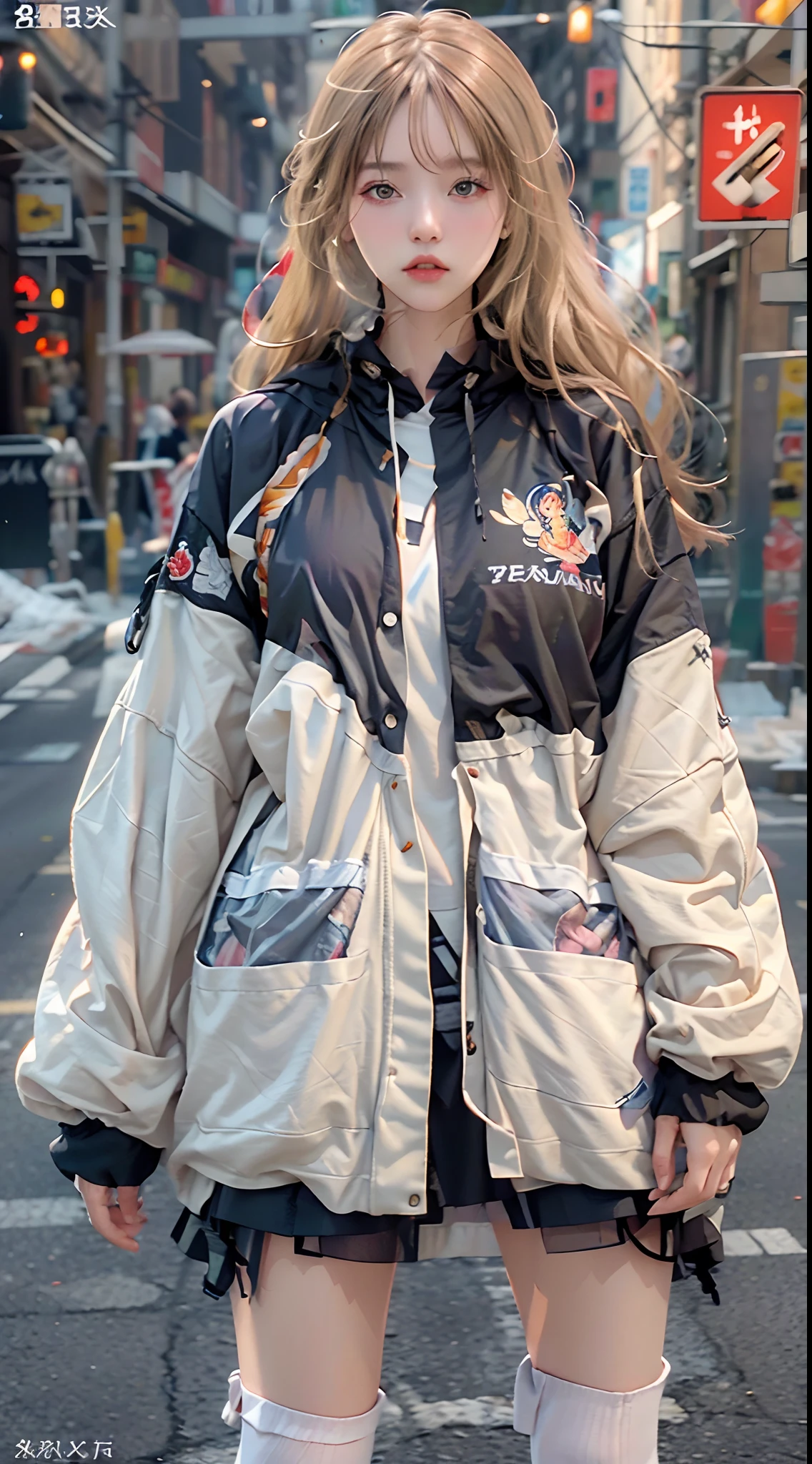 (Hyper-realistic) , (illustratio), (Increase the resolution), (8K), (RAW photos,best qualtiy),(realisticlying,photograph realistic:1.3),best qualtiy,highly detailed,tmasterpiece,Hyper-detailing,one-girl,Stylish sweatshirt, Windbreaker long skirt,Poster on the front。