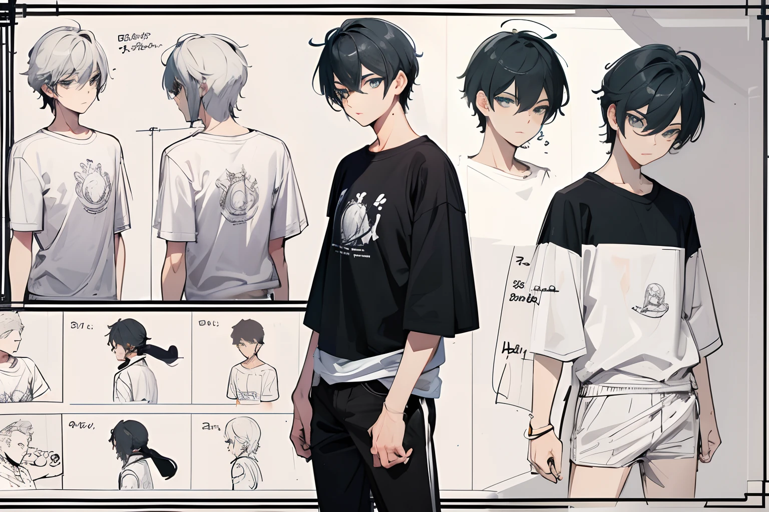 ((character sheet)) 1 boy, best quality, Cool looking boy, Character sheet,T- pose , beautiful eyes , detailed face , wearing t-shirt, different angles, different poses, different head poses, forward, backward, simple background