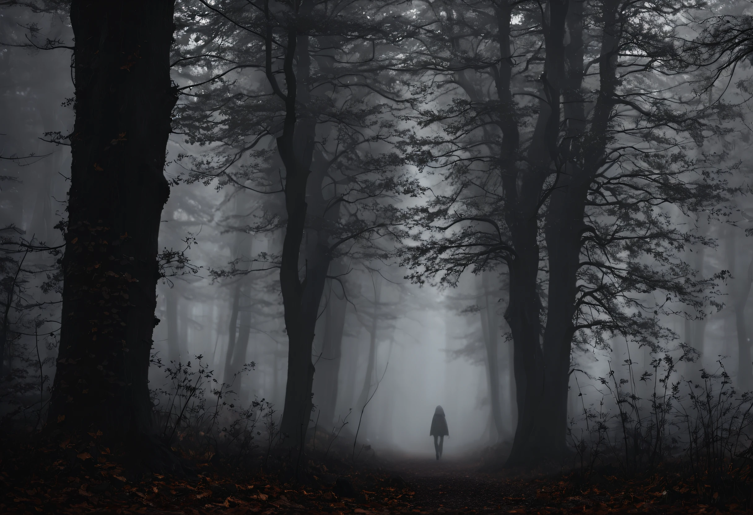 You find yourself in a dark and mysterious forest. The fog is so thick that you can barely see beyond your own hands. As you walk forward, you hear the crunch of dry leaves under your feet and the sound of branches snapping around you. Suddenly, you hear a strange noise behind you.