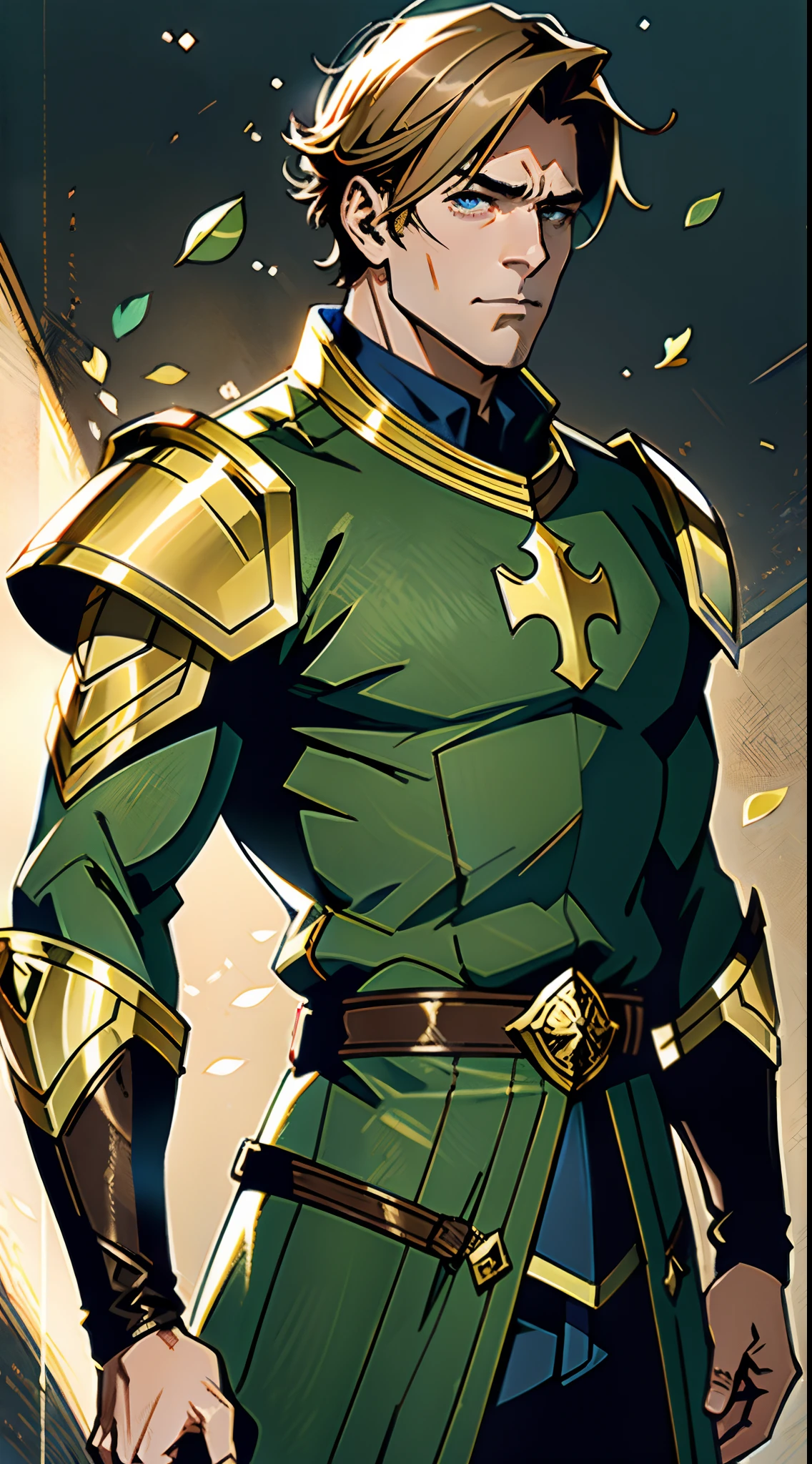 A middle-aged man with short golden hair, thick hair, a large cross scar on his face, has gentle eyes, a calm expression, a fantasy-style coat with leaf-shaped chest armor, the color scheme is mainly grass green, with earthy yellow as secondary colors, a belt around his waist, coarse cloth trousers, the background shows a medieval fantasy-style street with snowflakes falling, this character embodies a finely crafted fantasy-style soldier in anime style, characterized by an exquisite and mature manga illustration art style, high definition, best quality, highres, ultra-detailed, ultra-fine painting, extremely delicate, professional, anatomically correct, symmetrical face, extremely detailed eyes and face, high quality eyes, creativity, RAW photo, UHD, 8k, Natural light, cinematic lighting, masterpiece:1.5