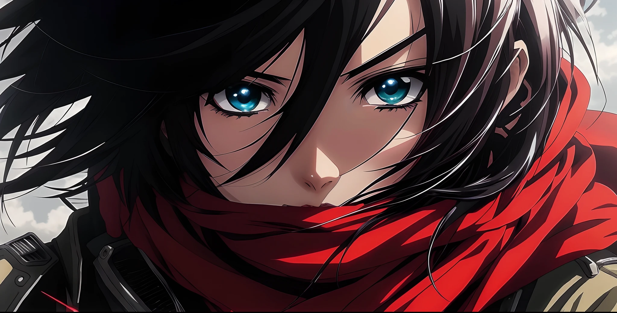 Attack on Titan Anime Mikasa Ackerman with black hair and red scarf looking at camera, 4 k manga wallpaper, estilo anime 4K, Papel de parede anime 4k, badass anime 8 k, retrato impressionante do rosto do anime, Anime Art Wallpaper 4K, Anime Art Wallpaper 4K, Anime Wallpaper 4k, 4k anime wallpapers, Anime Art Wallpaper 8K, Artgerm 4K
