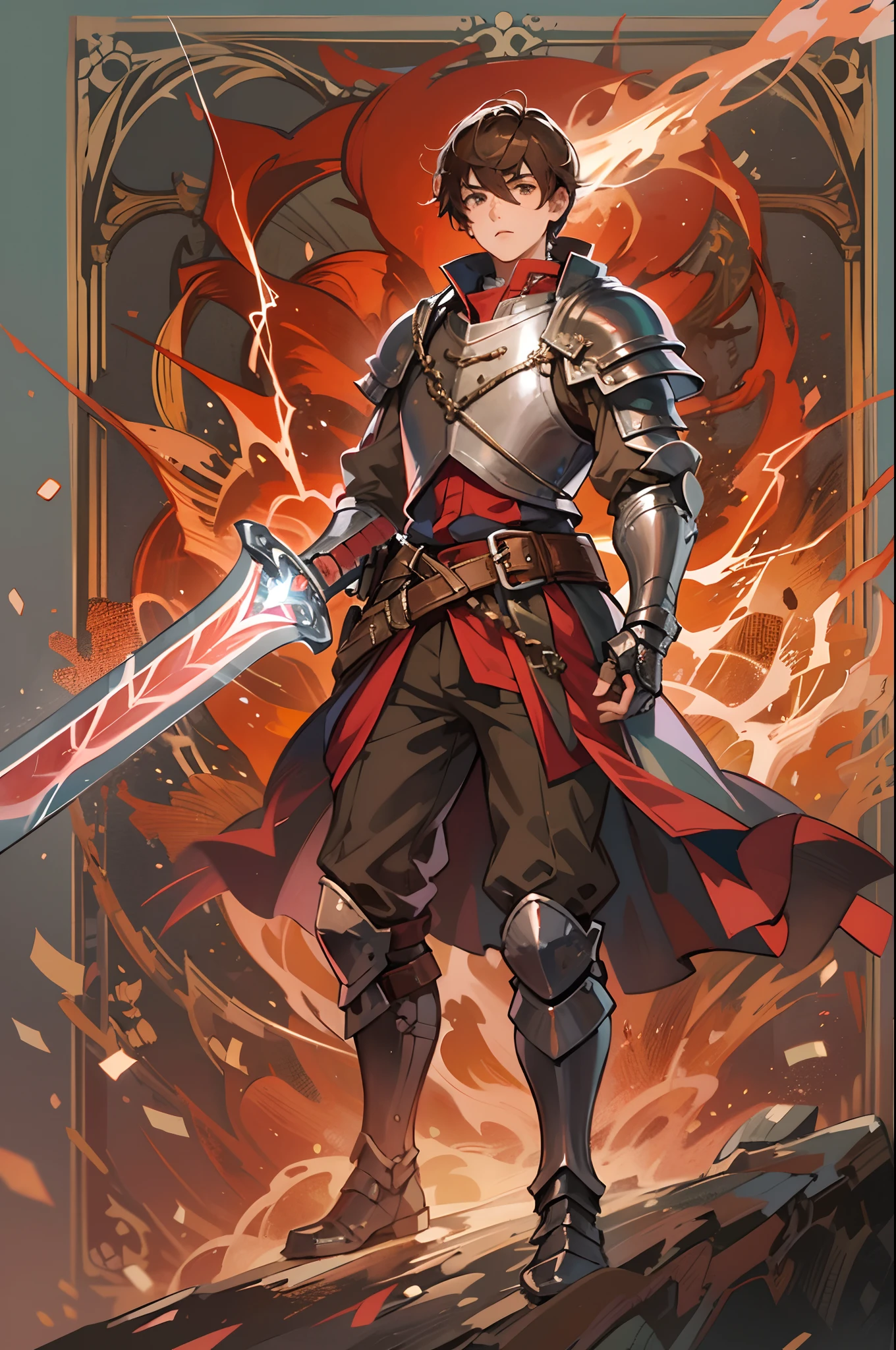 a 17-year-old teenage boy, 1 boy as a swordsman, sword, brown short hair, brown short hair parted in the middle, without a beard, without a goatee, no facial hair, silver colored medieval knight armor, red clothes, with magical lightning bolts on his body, magical runes
