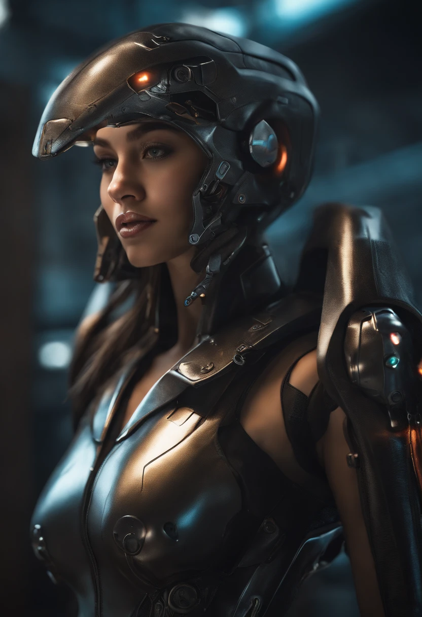 The close-up is of a girl wearing a mecha leather suit，Vista is a cyberpunk-inspired whale，Half mechanized，Cthulhu elements，hyper HD，tmasterpiece，winning artwork，Best quality at best，A high resolution，16k