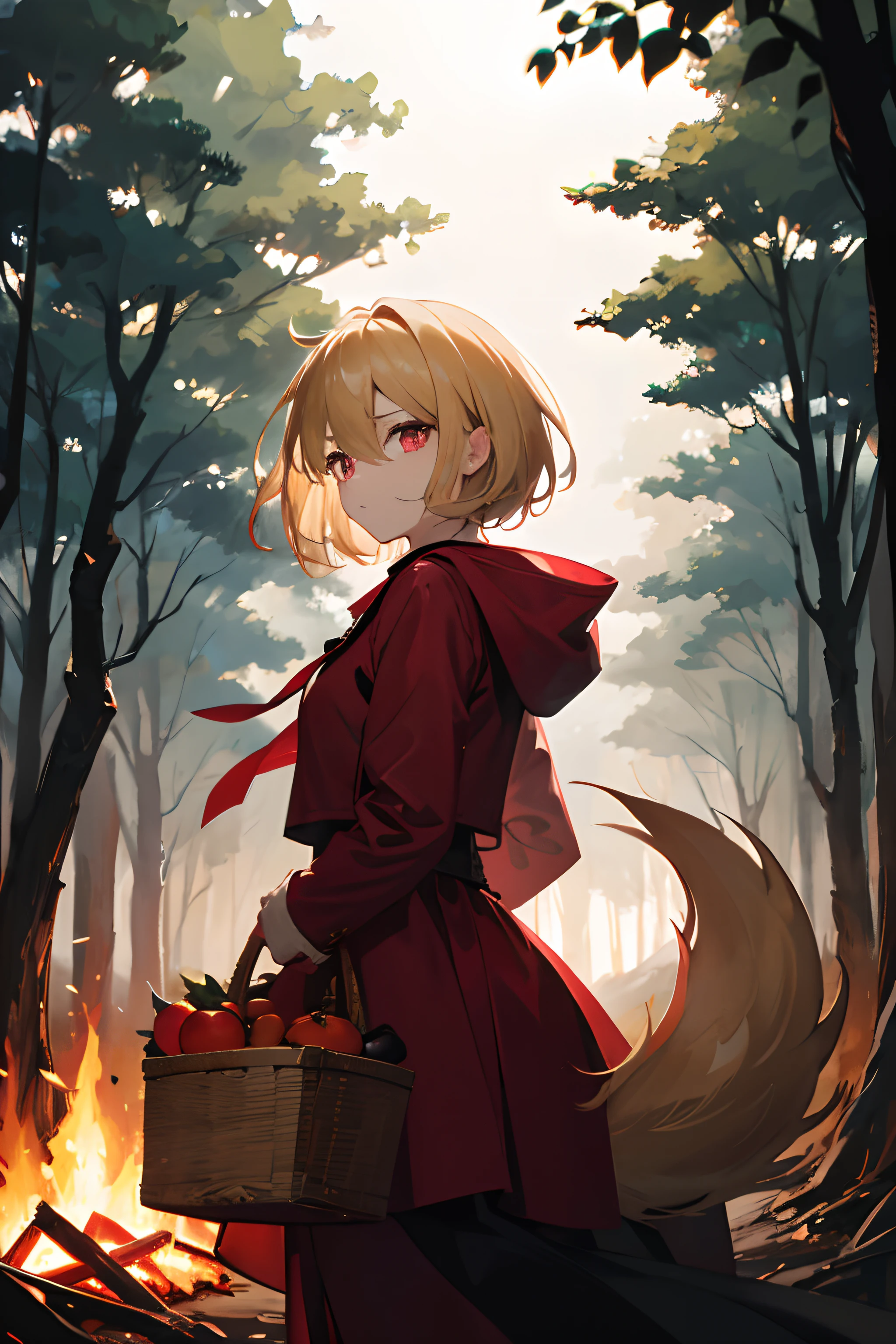 red riding hood, forest, dark scenery, bonfire, wolves hiding in forest, fruit basket, center fire, red glowing eyes wolves, blonde hair, hair between eyes, short hair, amber eyes, serious, nervous, anime, anime style, cinematic lighting, backlighting, drop shadow, silhouette, pov, wide shot, from side, masterpiece, textured skin, super detail, high quality, 4K