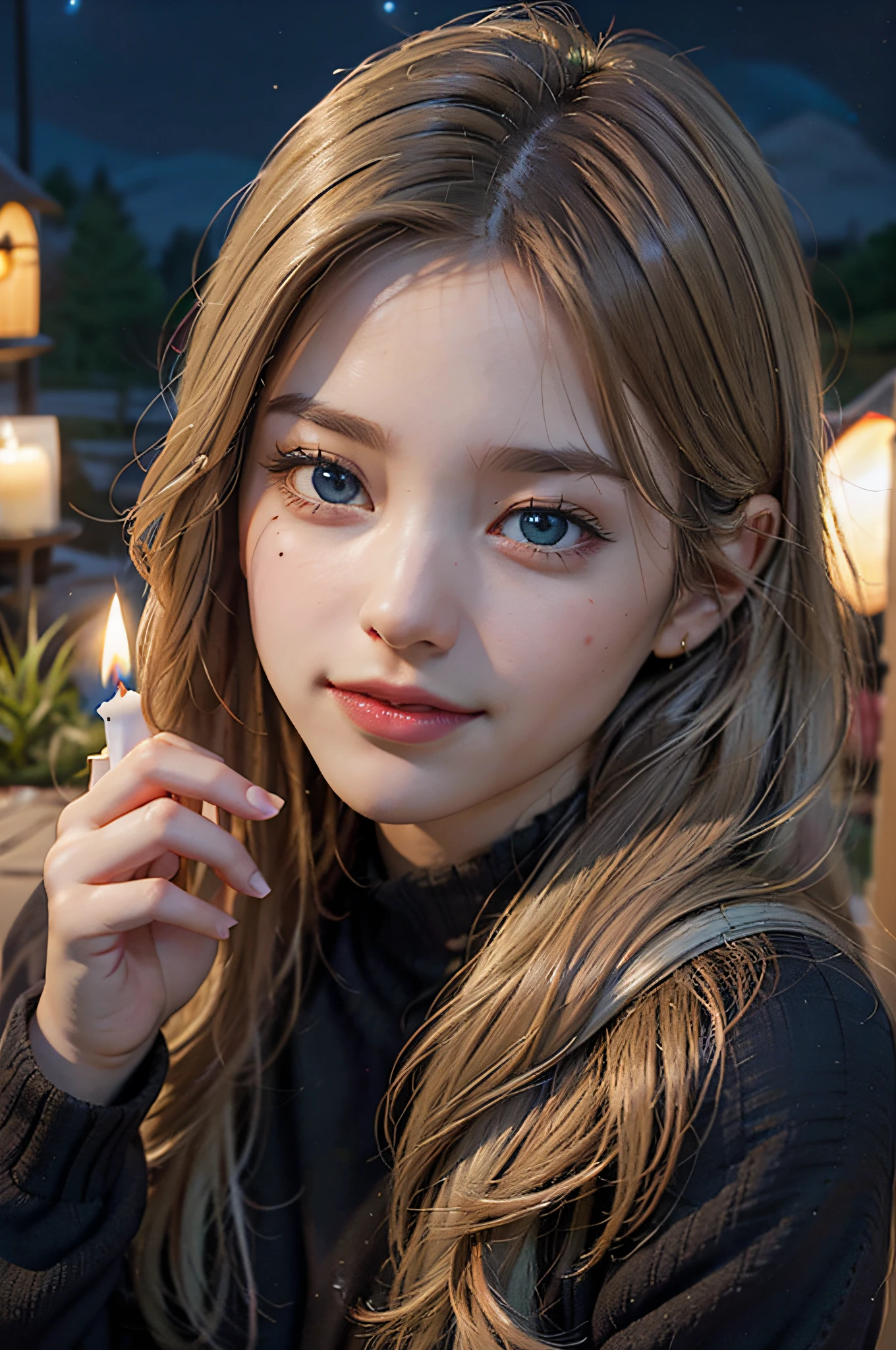 1girl, solo, extremely cute, Amazing face and eyes, (beautiful nice smile), blonde hair, (extremely detailed beautiful face), bright glossy lips, (Best Quality:1.4), (Ultra-detailed), (Ultra realistic, photo-realistic:1.37), beautiful fair skin, extremely detailed CG unified 8k wallpaper, raw photos, professional photograpy, cinematic lighting, (Night scenery, quiet night forest), (candle flame, summer camp, tent), (Silence, night sky:1.3),