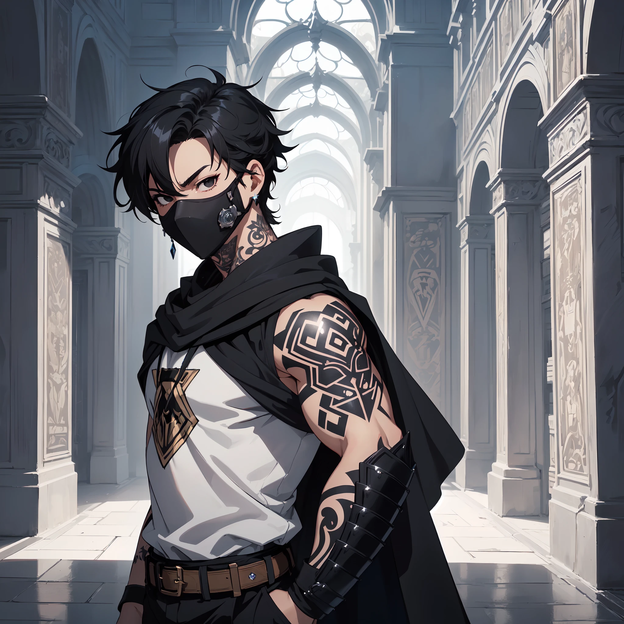 create a Christian character who hunts demons, has a black spot on his chest and holds a cross