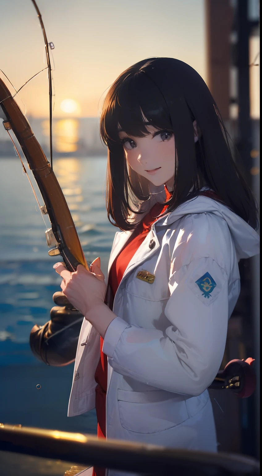 ((((Have a fishing rod in the sea:1.5)))),((1 female 22 years old))((Best Quality, masutepiece :1.5)),(((Hands with the correct number and structure of fingers:1.4))),hight resolution,ultra-detailliert,​masterpiece,best qualtiy,,Black hair, long eyeslashes, Solid Circle Eyes, Smiling Woman, drop shadow, Atmospheric perspective,Super Detail, ccurate, small brest,(White jacket :1.1),top-quality, blurry backround, bokeh dof:1.2, (​masterpiece:1.3), Atmospheric perspective,Super Detail,dynamic compositions,Sunset