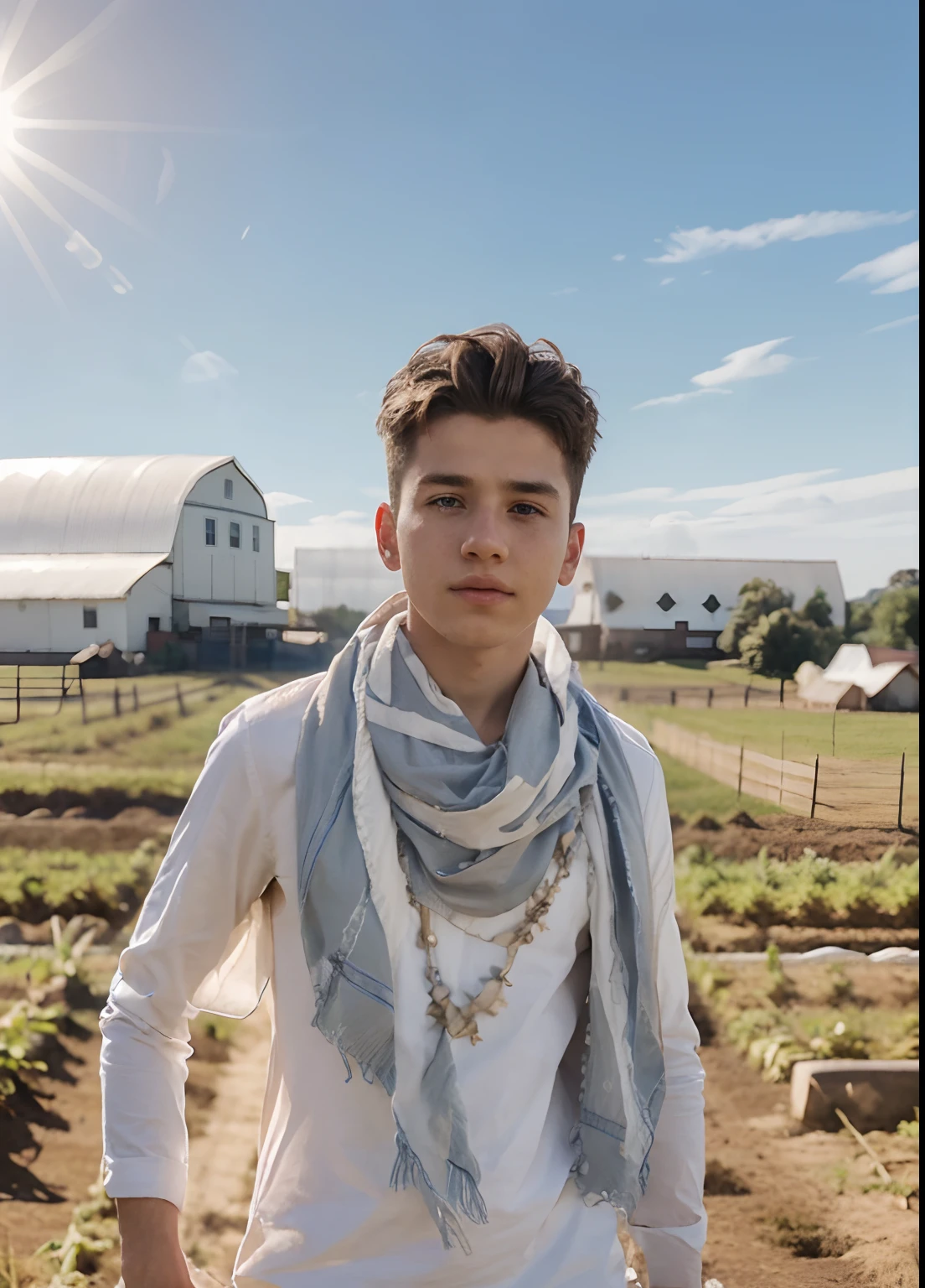 A boy, a boy in a form, normal body, white skin, stylish hair, blue sky, best farm background, 8k quality, realistic look, 8k, 4k, real,