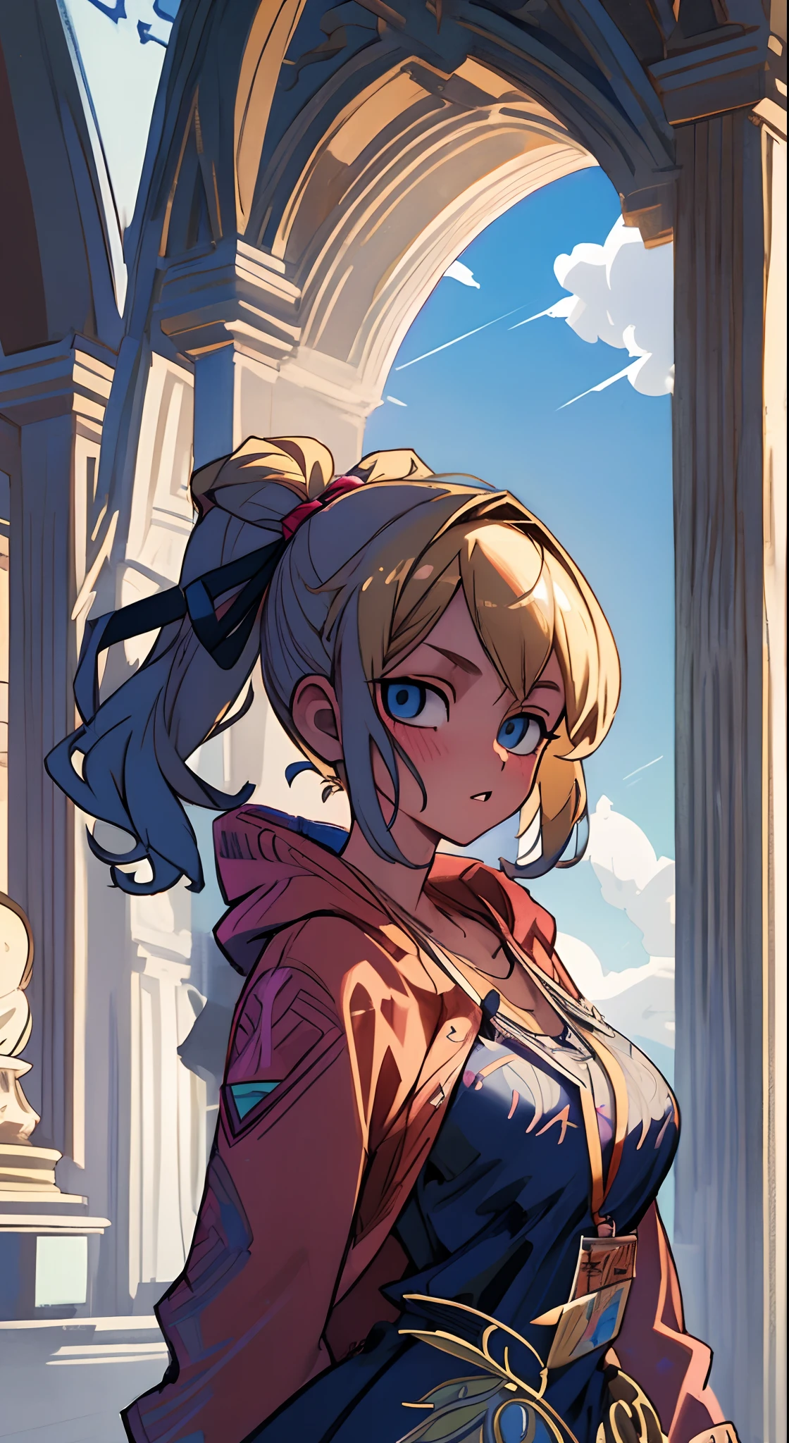 (masutepiece, Best Quality, Ultra-detailed, Illustration), Beautiful face, Blonde hair, Perfect body, 1girl in, Solo, Hoodies in camisoles, half-up, Hair Ribbon, Dress, lanyard, vila, Old houses, Outdoors, fork, legends, top-quality, Top image quality, masterpiece, cute little, 18year old, Best Bust, Medium bust, Bust 85, Beautiful blue eyes, Breasts wide open,