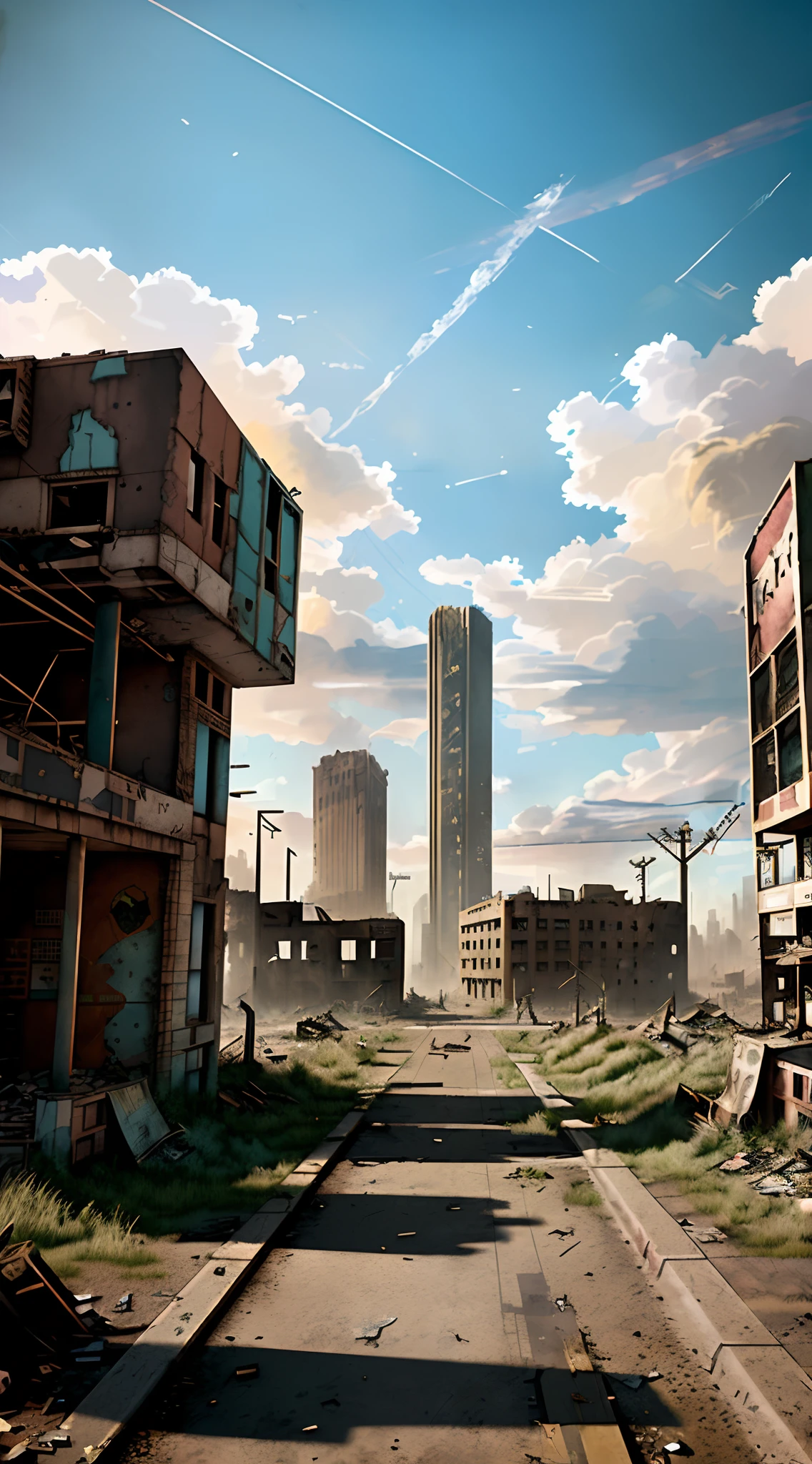 There is a street with many buildings and an airplane flying in the sky, outdoors ruined cityscape, an abandoned dystopian city, Urban concept art, post apocalyptic city, matte painting comics art, ruined city scape, post - apocalyptic city streets, Digital concept art of dystopia, Stylized works of urban fantasy, post apocalyptic city, Post-apocalyptic neighborhood, in a post apocalyptic city