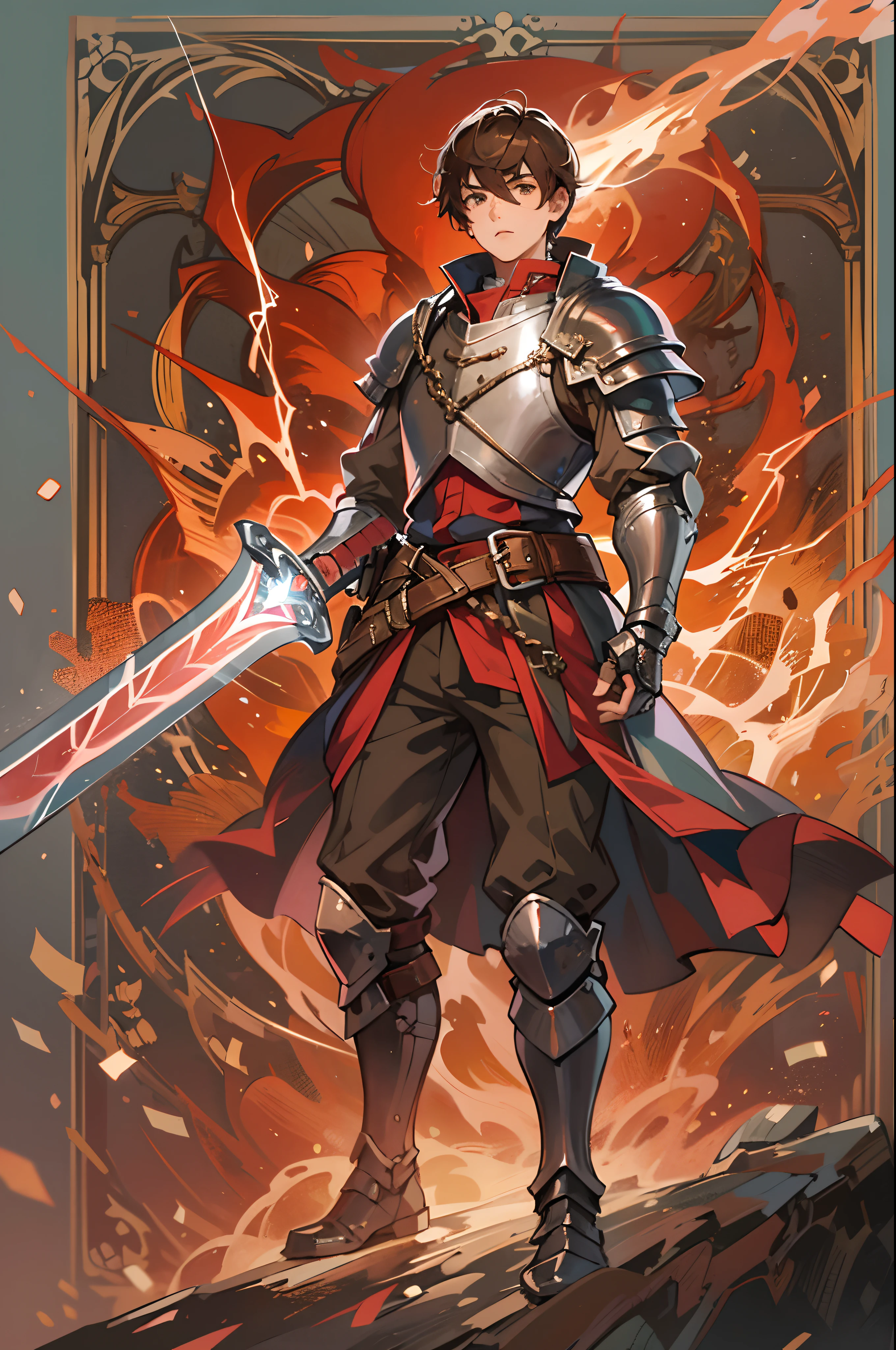 a 17-year-old teenage boy, 1 boy as a swordsman, sword, brown short hair, brown short hair parted in the middle, without a beard, without a goatee, no facial hair, silver colored medieval knight armor, red clothes, with magical lightning bolts on his body, magical runes