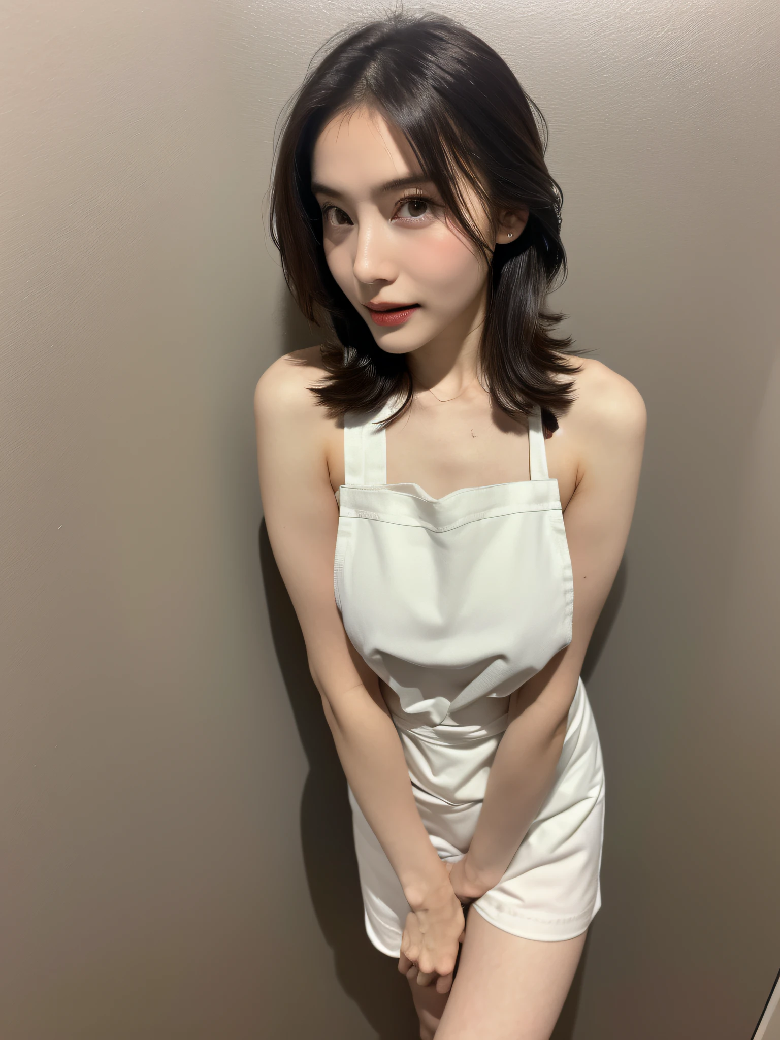 The most beautiful 40-year-old women、Detailed body with large breasts、sexy facial expression、(((Naked and short white apron)))、Detailed lips、A detailed eye、二重まぶた、Huge breasts、Short dark brown hair、thighs thighs thighs thighs、Standing、(Photorealsitic:1.4), (Top image quality:1.0), (Ultra High Resolution:1.0), 8K, Raw photography, (​masterpiece)