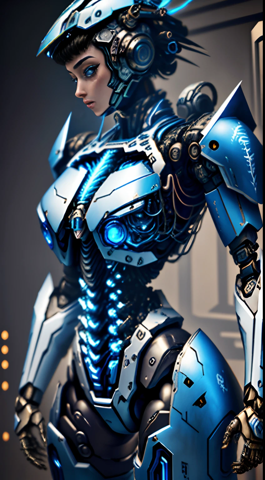 Masterpiece,(best qualtiy),highly  detailed,Ultra-detailed,sci-fy, 1 Mech girl，Large robot structure，solo person, crNanosuit, (Blue eyes),(Machine-made joints:1.5), Mechanical limb，huge tit，Wire，(dynamicposes), (Serious expression), (tactical gear:1.2), High contrast, extreme hight detail,highest details,(during night:0.7), (urban surroundings),  (glowing neon lights:0.9), (smoke effect:0.6),