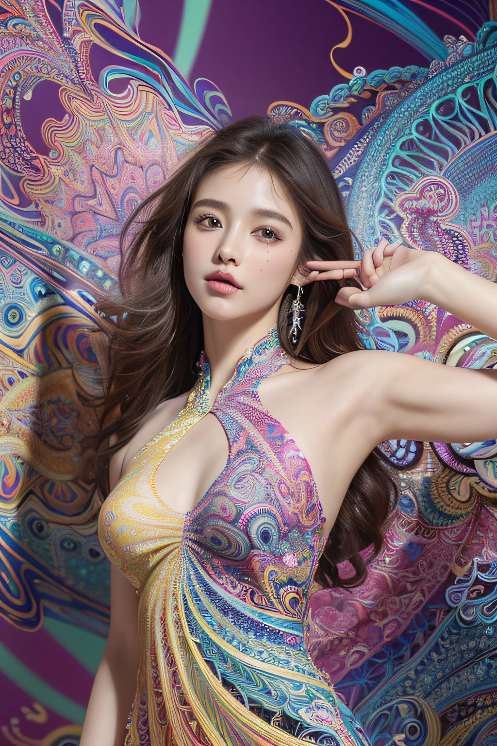 (Masterpiece, Top quality, Best quality, offcial art, Beautiful and aesthetic:1.2), (1girll:1.3), Extremely detailed,(Fractal art:1.2),Colorful,highest details,(zentangle:1.2), (Dynamic pose), (abstract backgrounds:1.5), (Trident dress:1.2), (Shiny skin), (many color:1.4), Upper body