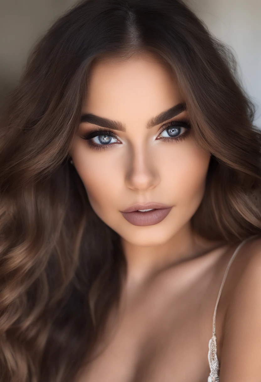 Femme Arafed avec lingerie en dentelle blanche, fille sexy aux yeux bruns, Portrait Sophie Mudd, cheveux bruns et grands yeux, selfie of a young woman, Yeux de chambre, Violet Myers, sans maquillage, maquillage naturel, looking straight at camera, Visage avec Artgram, Maquillage subtil,