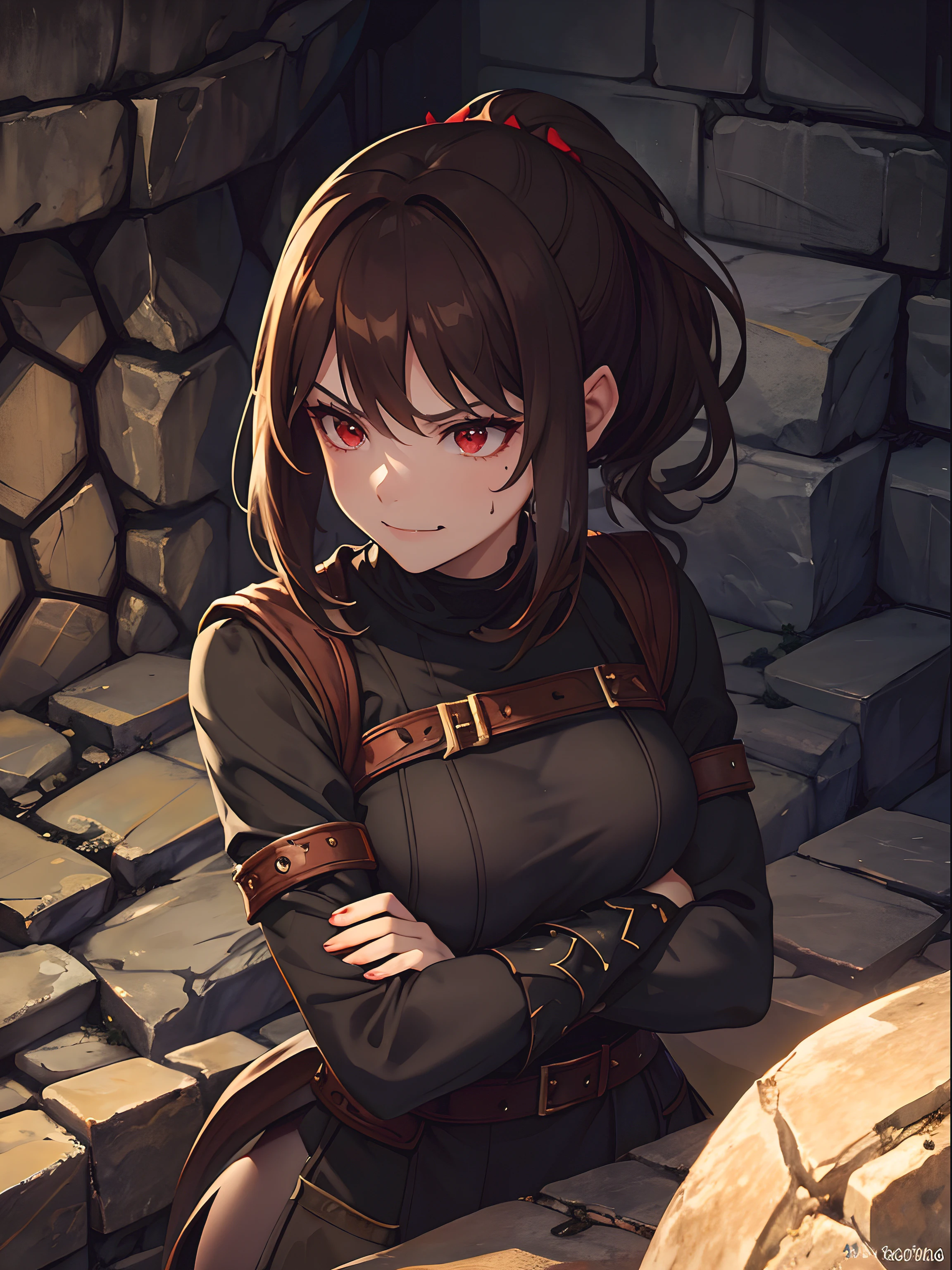Close up, fantasy world, medieval, cave, stone brick walls, dungeon ruins, cave walls, adult woman, dirty, vampire, medium brown hair, short ponytail, red eyes, fangs, evil, intimidating, predatory look, evil smile, sweating, green tunic, no sleeves, leggings, crossed arms