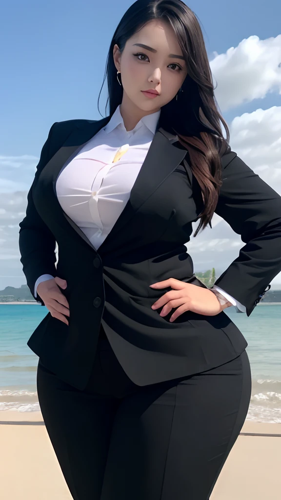 realisitic、Curvaceous woman standing alone, Woman in black business suit, with a business suit on, businesswoman, Woman in business suit, Wearing a white collar shirt under a suit、business skirt、tight skirts、Girl in a suit, female in office dress, , Girl in suit, young business woman, in a business suit, business outfit, Wear a suit、Office Suits、Not wearing glasses、professional photograpy、Does not expose the skin, Japanese Models,、,The skin is not exposed、fleshy body, large boob、 hard 、、big butts、Big belly、thick waist、Body without tone、thick thight、thick arms、Round face、Fat face、chubby cheeks、Sauce order、big eye、A dark-haired、short-haired、Standing facing the front、Left hand pose on the hip、Right hand is down in a pose、Straight back posture、Sun background、