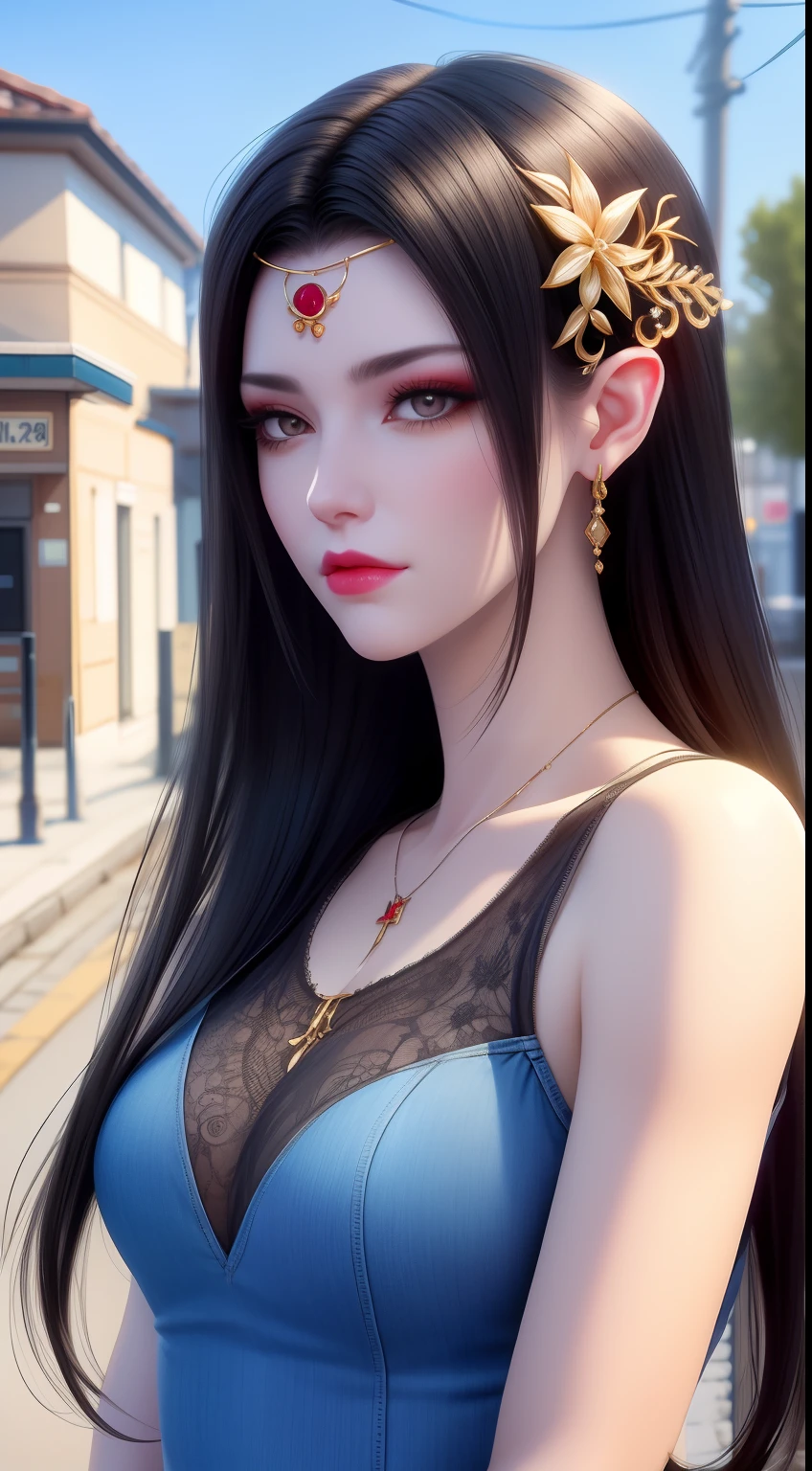 Best quality, masterpiece, super high resolution, (realistic: 1.4), original photo, (evening street), 1 girl, black eyes, long hair, light makeup, lips, small ears, white t-shirt, denim shorts, beauty in perfect shape: 1.4, (outdoor, seaside: 1.1), city street, super fine face, fine eyes, double eyelids, long legsblack lace top, long hair dyed black,beautiful hair jewelry, pretty face pretty and cute, perfect face, earring jewelry, head and hair jewelry, antique jewelry, big red eyes,