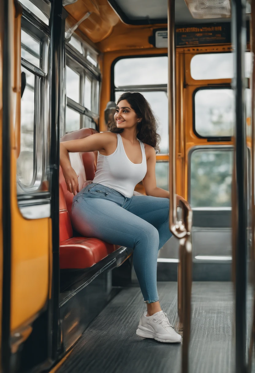 candid photo of a (persian) girl sitting on a bus, view from the side, (wearing jeans and a tank top), 4k photography, (big booty), thick neck, large round ass, wide hips, slim waist, [high resolution]