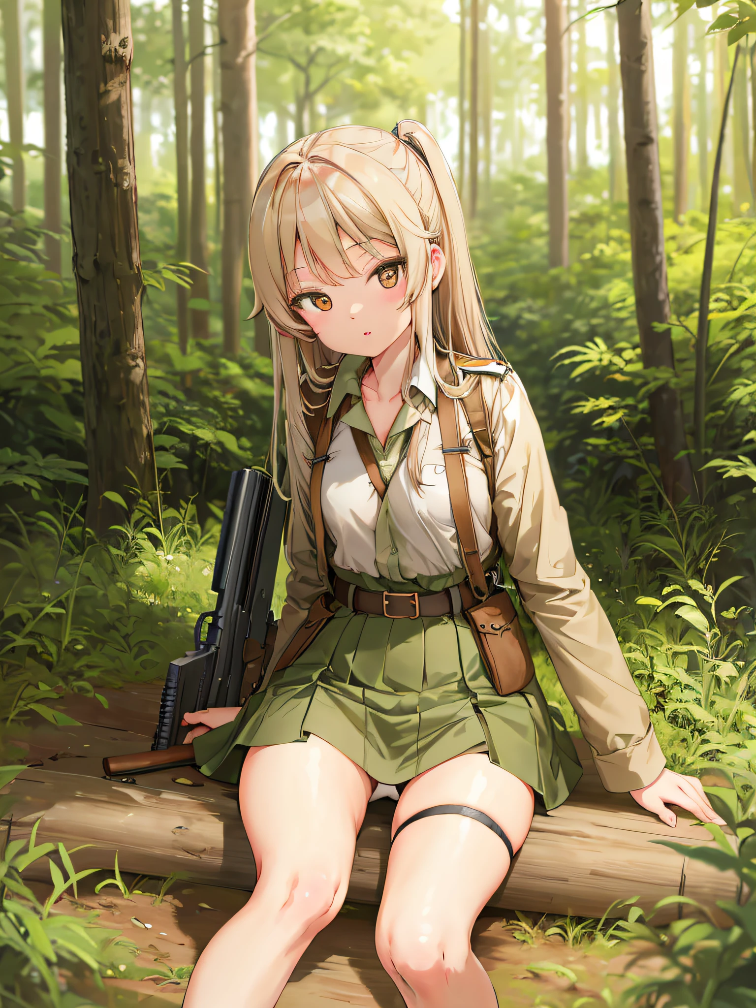 (High resolution:1.1), (absurderes:1.1), Best Quality, Ultra high definition, The highest resolution, Very detailed, Anime, 1girl in, anmi, Cute Girl, Military uniform, Mini skirt, (White panty:1.1), Sit on the ground, Gripping the rifle, plein air, dense woods, From diagonally forward