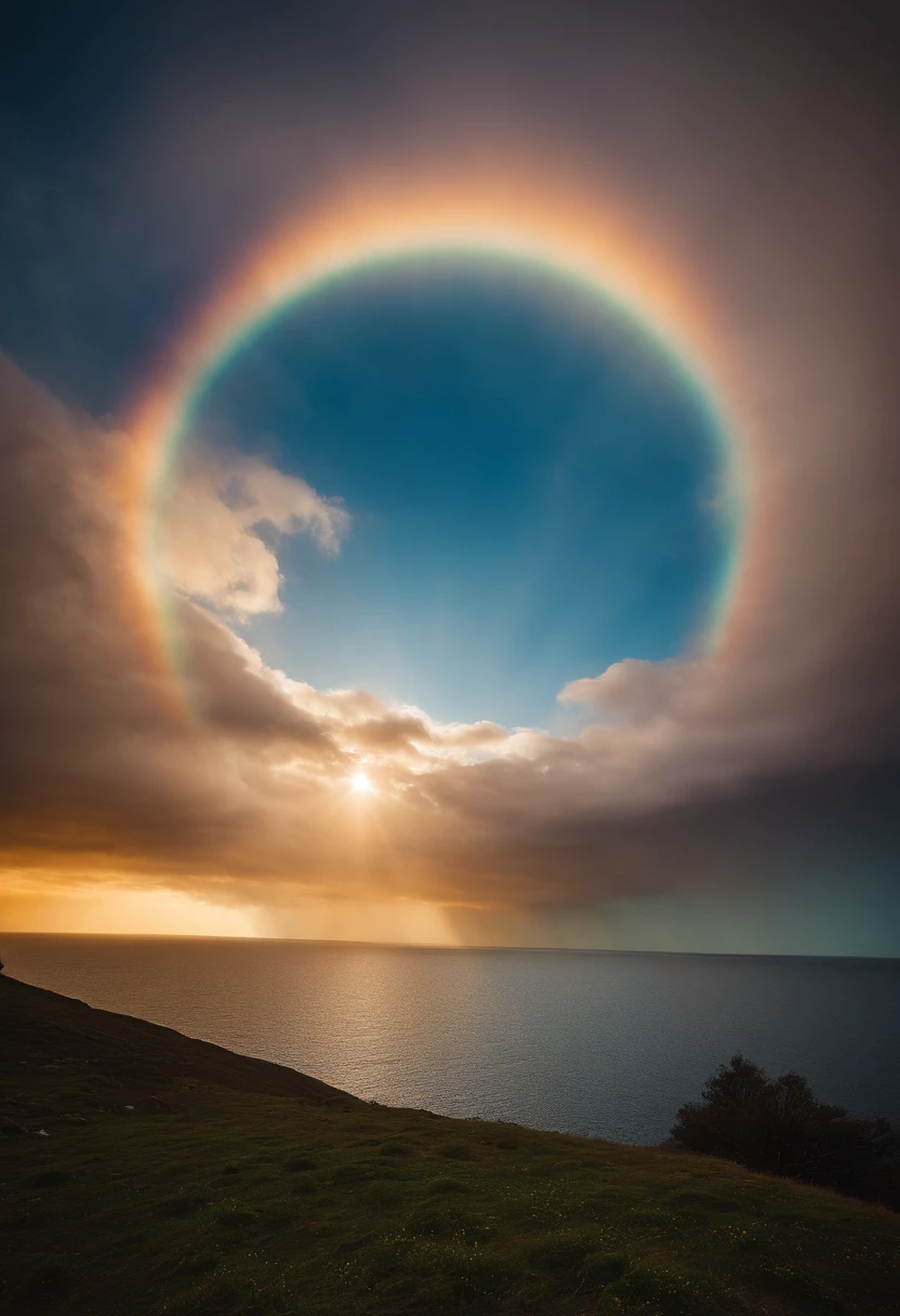 Close up of iridescent circle in the sky, ethereal rainbows, Rainbow clouds, A very colorful heaven, Rainbow clouds, Holy Light Halo, sunny rainbow galaxy stormy sea, Rainbow in the sky, Light Synchrotron Halo, ethereal rainbow nimbus, Prism Halo, bright rainbow nimbus, a glowing halo, Iridescent sky, Heavenly Light, Beautiful images ever created