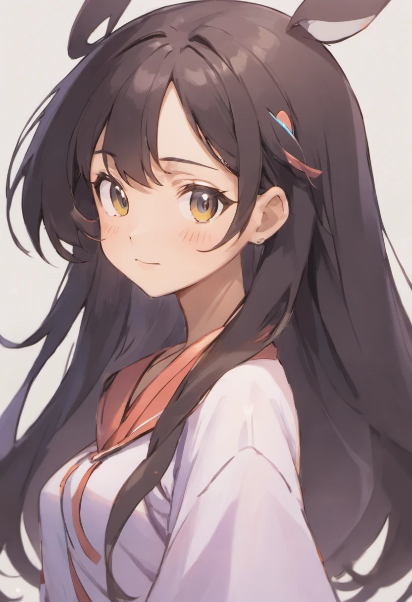 masterpiece, best quality, {best quality}, {{masterpiece}}, {highres}, focus, anime style, a closeup of a cartoon of a woman, girl design, portrait, giesha, anime image, long hair, black hair, straight eyes, hair covering ears, polished and powerful look, exotic, tall, freckles, cheerful, classic clothing, colorful, colors