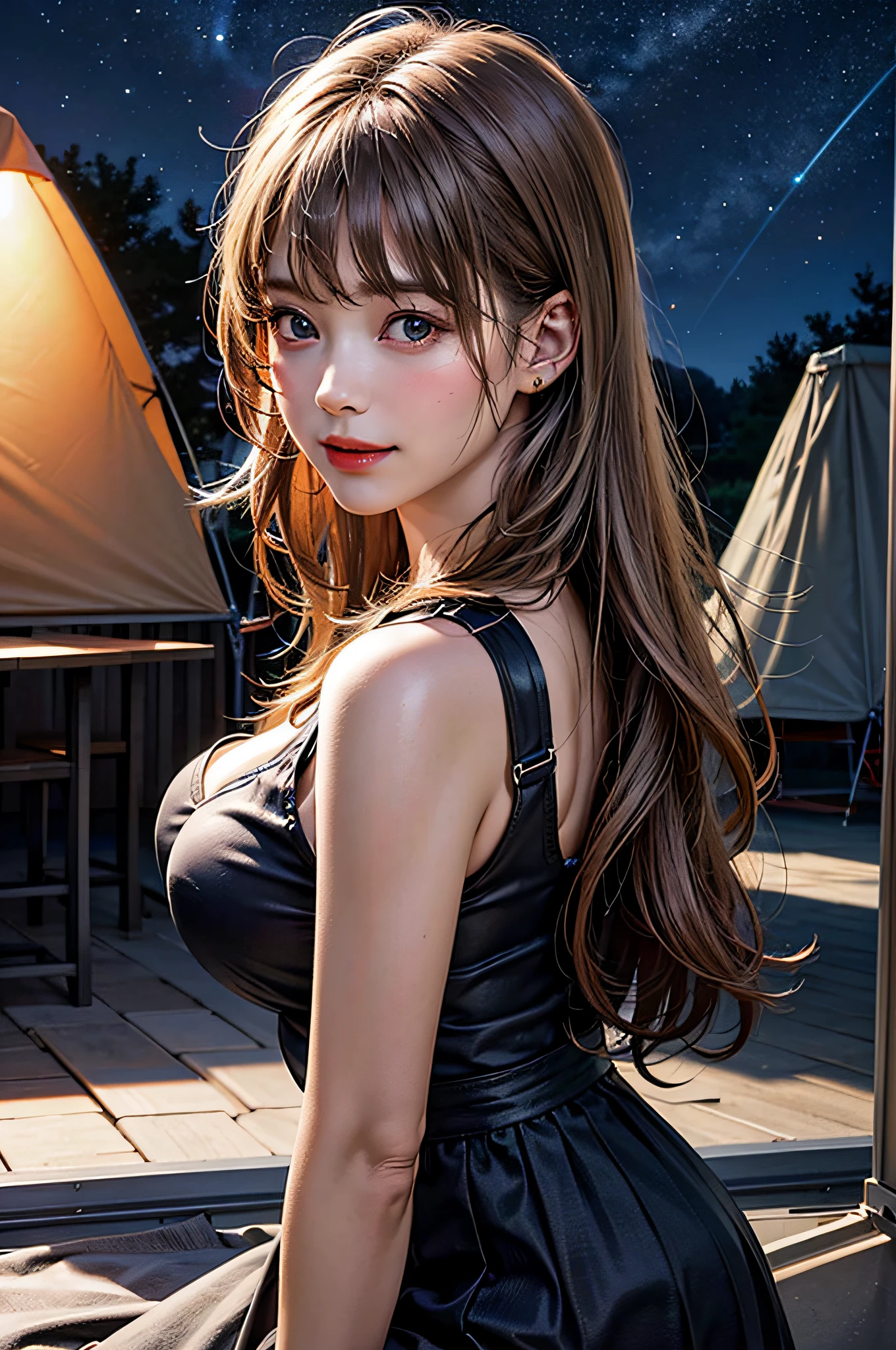 1girl, solo, extremely cute, Amazing face and eyes, (beautiful nice smile), blonde hair, (extremely detailed beautiful face), bright glossy lips, (big breasts:1.5), (Best Quality:1.4), (Ultra-detailed), (Ultra realistic, photo-realistic:1.37), beautiful fair skin, extremely detailed CG unified 8k wallpaper, raw photos, professional photograpy, cinematic lighting, (Night scenery, quiet night forest), (summer camp, tent), (Silence, night sky:1.3),
