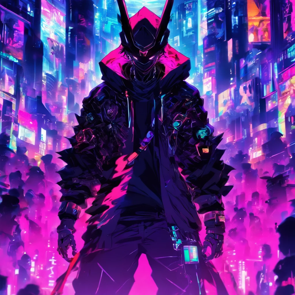 The male stands in the middle，With his back to the audience, his expression and posture are confused and bored, he's surrounded by a lot of invisible screens, he's wearing a hoodie, it's a cyberpunk environment, the background is white, the male is holding a big sword, and he's wearing headphones