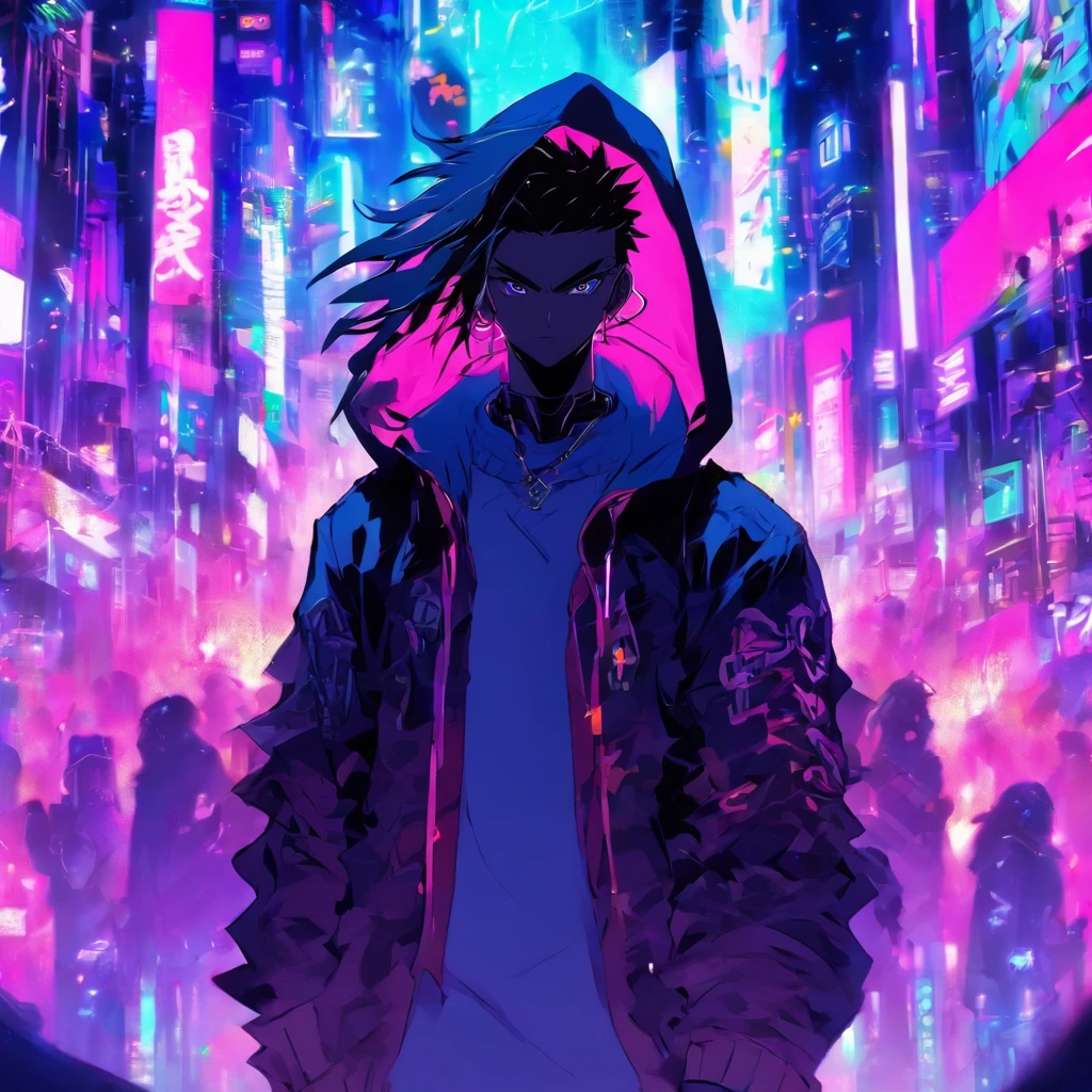 The male stands in the middle,With his back to the audience, his expression and posture are confused and bored, he's surrounded by a lot of invisible screens, he's wearing a hoodie, it's a cyberpunk environment, the background is white, the male is holding a big sword, and he's wearing headphones