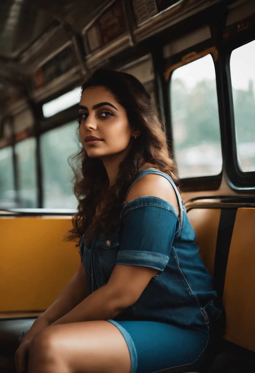 candid photo of a (persian) girl sitting on a bus, view from the side, (wearing jeans and a tank top), 4k photography, (big booty), thick neck, large round ass, wide hips, slim waist, [high resolution]