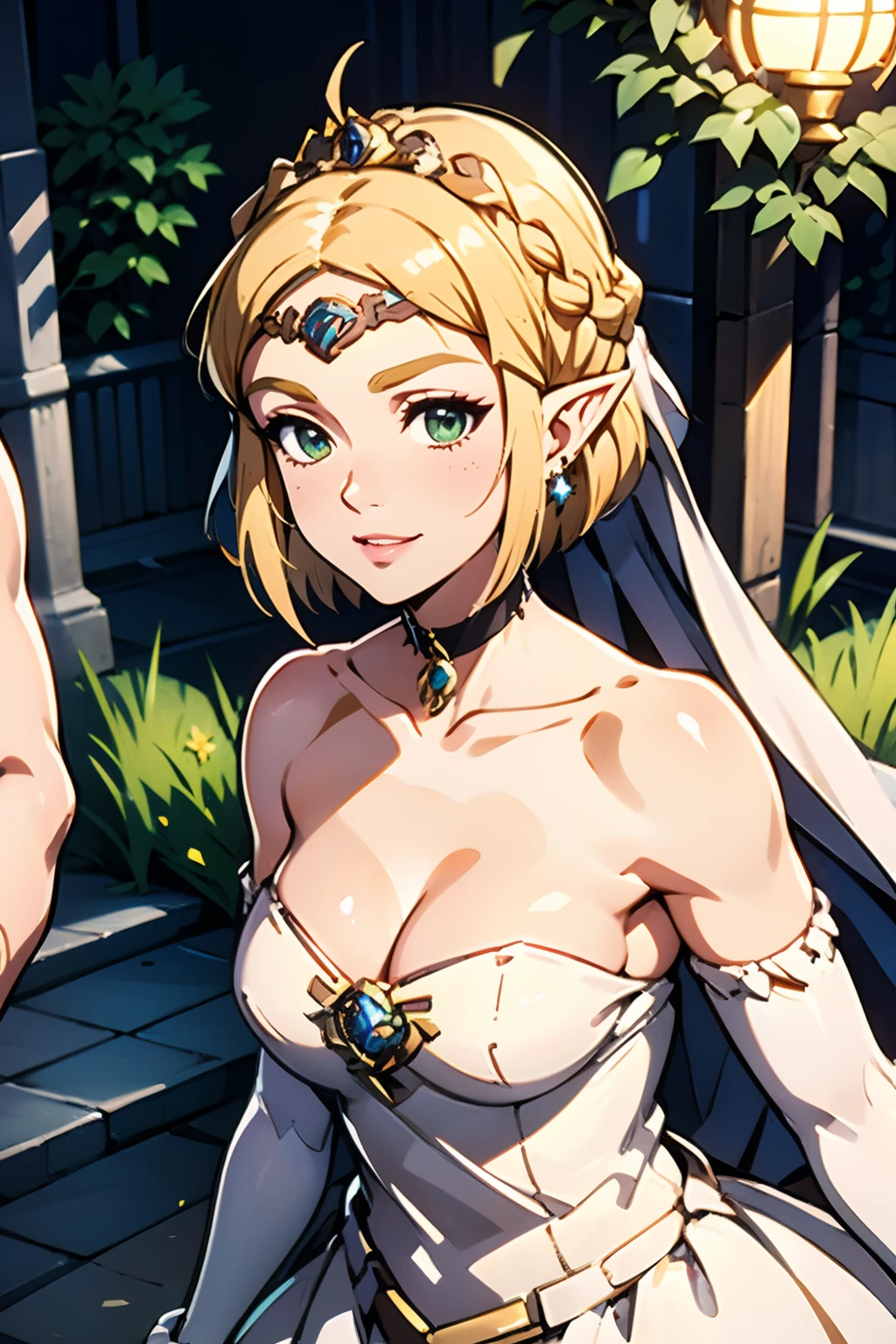 ZeldaTOTK , bangs, green eyes, hair between eyes, ahoge, blonde hair, star \(symbol\), hair ornament, dress, cleavage, bare shoulders, collarbone, long white elbow gloves, white gloves, white dress, white choker, strapless, tiara, veil, strapless dress, wedding dress, bridal veil, beautiful woman, perfect body, perfect breasts, wearing a wedding dress, ball gown, in the park trees, wedding decorations, a warm smile, realism, masterpiece, textured skin, super detail, high detail, high quality, best quality, 1080p, 16k