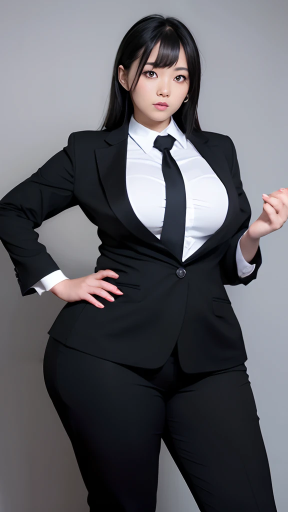 realisitic、Curvaceous woman standing alone, Woman in black business suit, with a business suit on, businesswoman, Woman in business suit, Wearing a white collar shirt under a suit、business skirt、tight skirts、Girl in a suit, female in office dress, , Girl in suit, young business woman, in a business suit, business outfit, Wear a suit、Office Suits、Not wearing glasses、professional photograpy、Does not expose the skin, Japanese Models,、,The skin is not exposed、fleshy body, large boob、 hard 、、big butts、Big belly、thick waist、Body without tone、thick thight、thick arms、Round face、Fat face、chubby cheeks、Sauce order、big eye、A dark-haired、short-haired、Standing facing the front、Left hand pose on the hip、Right hand is down in a pose、Straight back posture、Sun background、